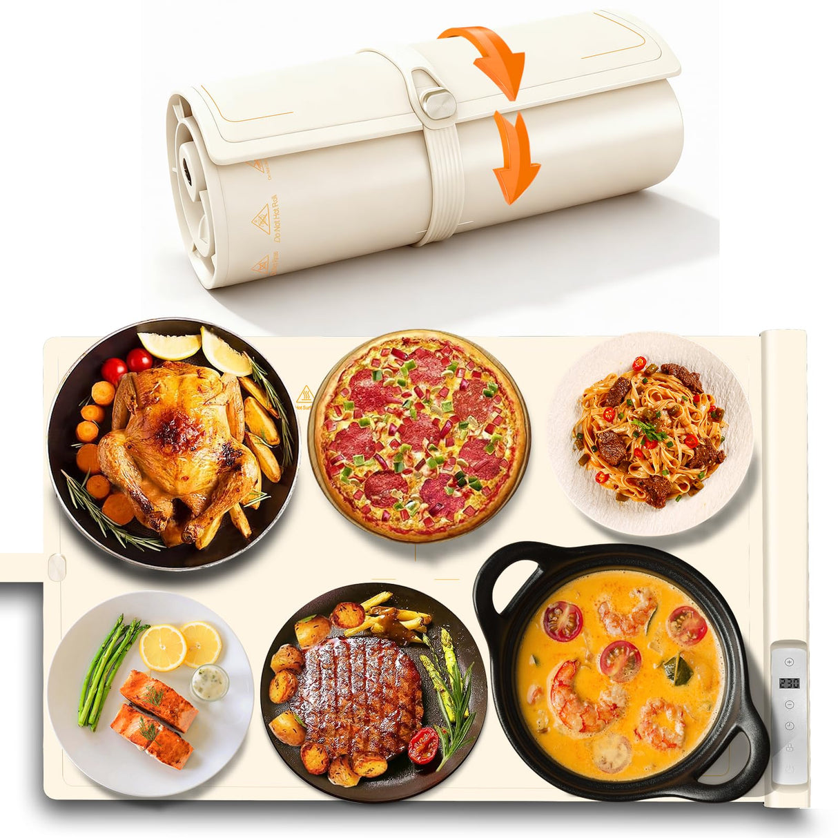 Warming Mat for Food | Max Temp 248℉,Electric Warming Tray with Timer and 8-Level Adjustable,Fast Full-Surface Food Heating Mat with Child Lock,Roll-Up & Portable Silicone Food Warmer for Buffet Party