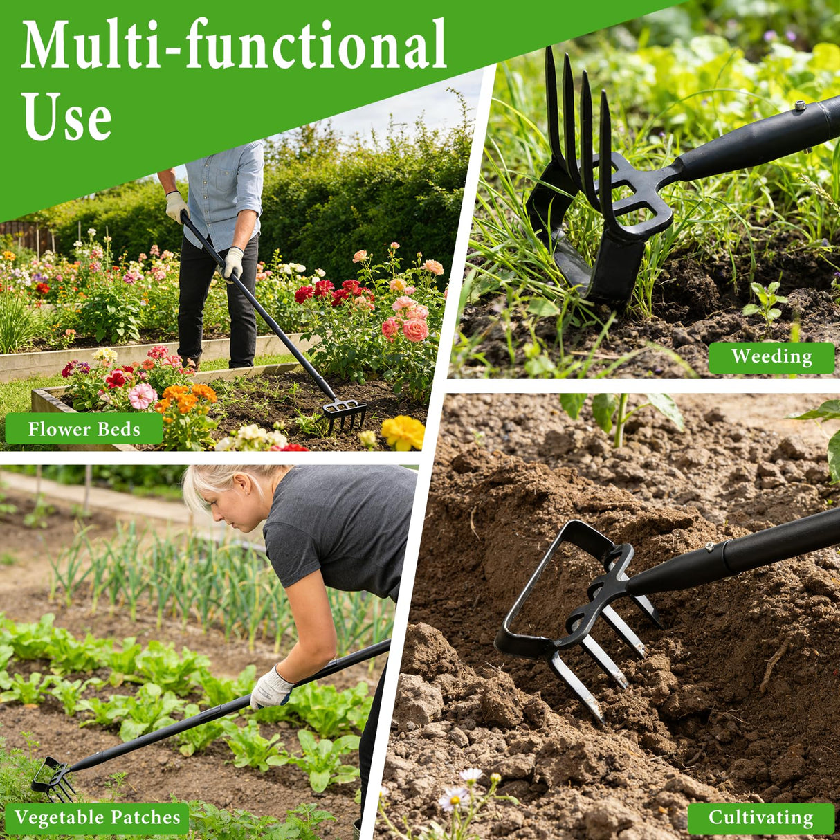 Garden Hoe with Rake, 37-82" Adjustable Long Handle Stirrup Weeder Hoe & 4-Tine Cultivator, Heavy Duty Scuffle Loop Hoe for Fast Weeding, Soil Loosening, Flower Beds, Vegetable Gardens