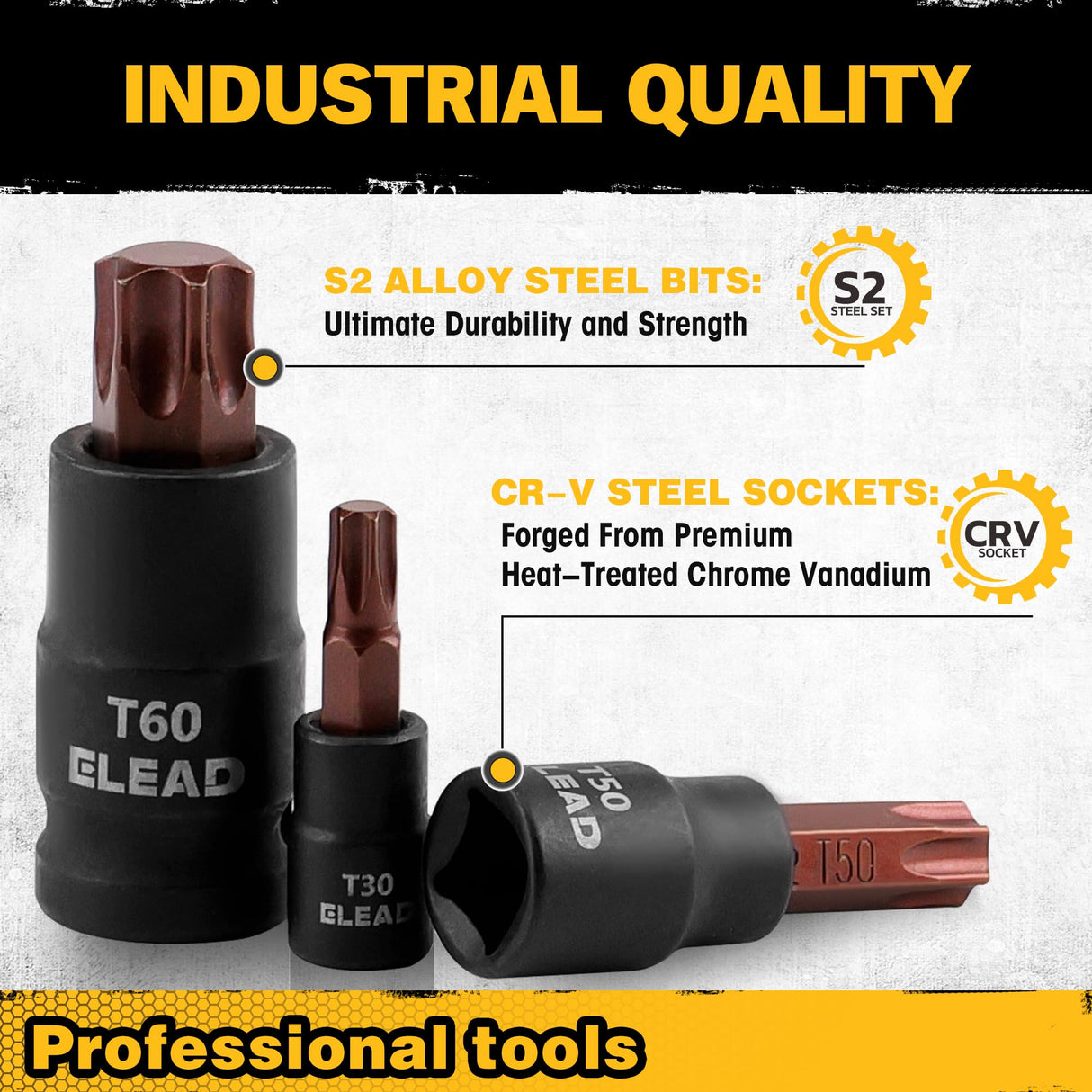 31-Piece Torx Bit Socket Set: 14 Star Bits T8-T70 & 13 E-Torx Sockets E4-E24, Premium CR-V & S2 Alloy Steel, High Torque Laser Marked for Automotive Mechanic