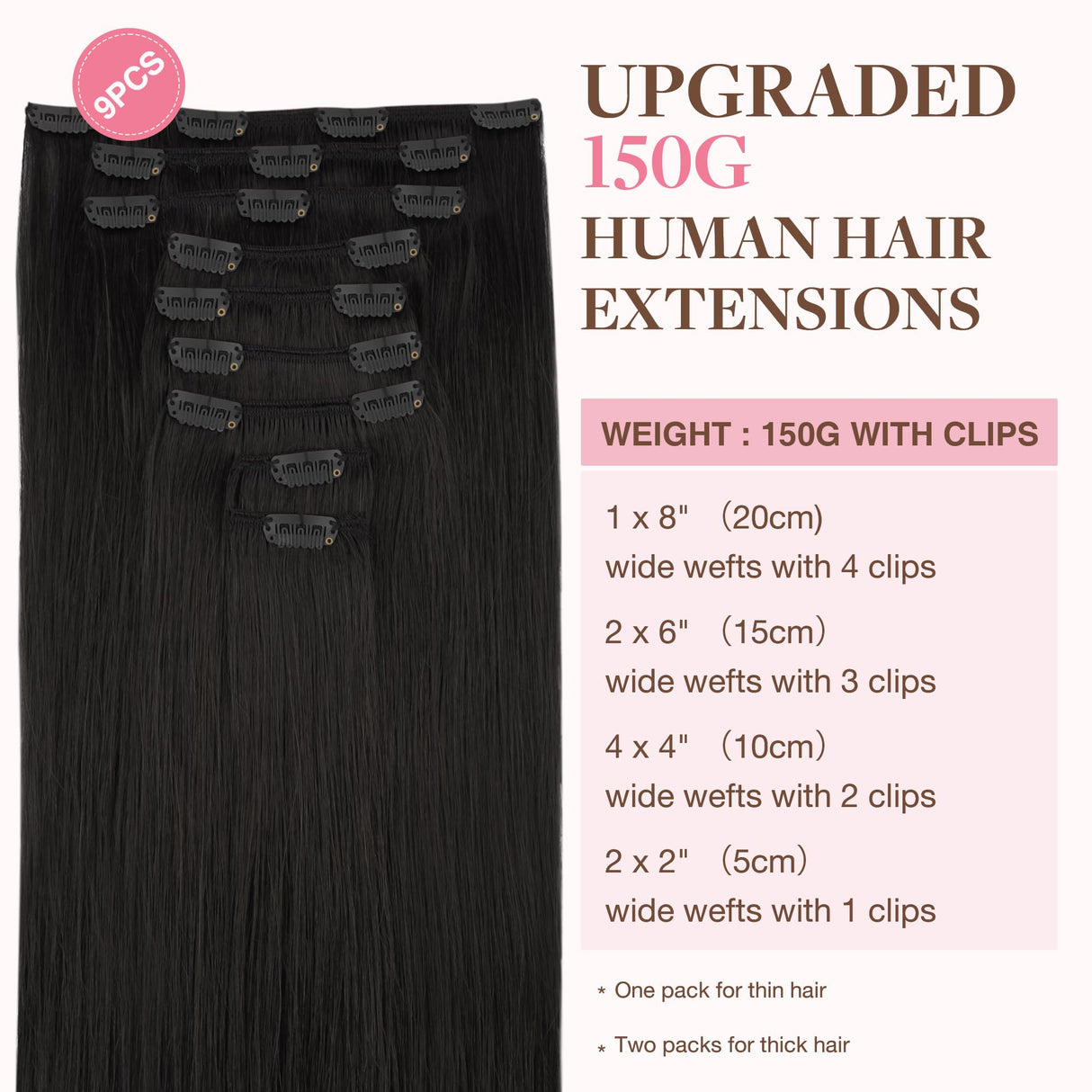 GOO GOO Clip in Hair Extensions Real Human Hair, Remy Human Hair Extensions Clip ins for Women, Natural Human Hair, 22inch 150g 9Pcs, 1B Natural black