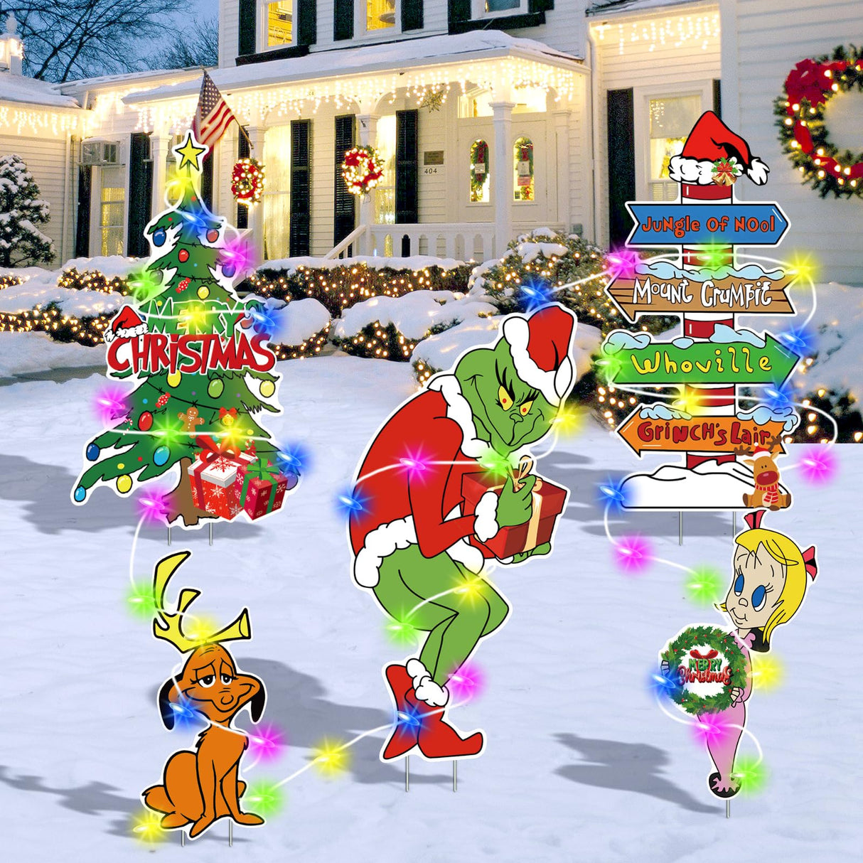 Large Christmas Yard Signs Outdoor-(With lights) 5PCS Whoville Christmas Decorations,Funny Green Monster Stealing Party Supplies Holiday Decorations