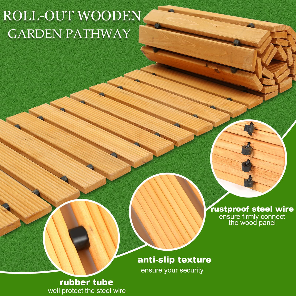 10FT Wooden Garden Pathway, Outdoor Roll Out Wooden Walkway Pathway Pavers