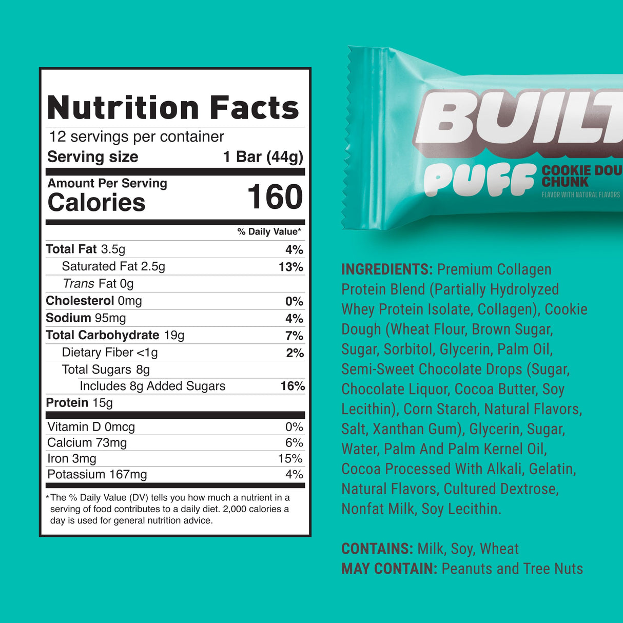 Built Bar, Puff Protein Bars, Cookie Dough Chunk Puff, 15g Protein Snacks, On-The-Go Bars, Only 160 Calories, 8g Sugar, Collagen, Not Gluten Free, 12 Count