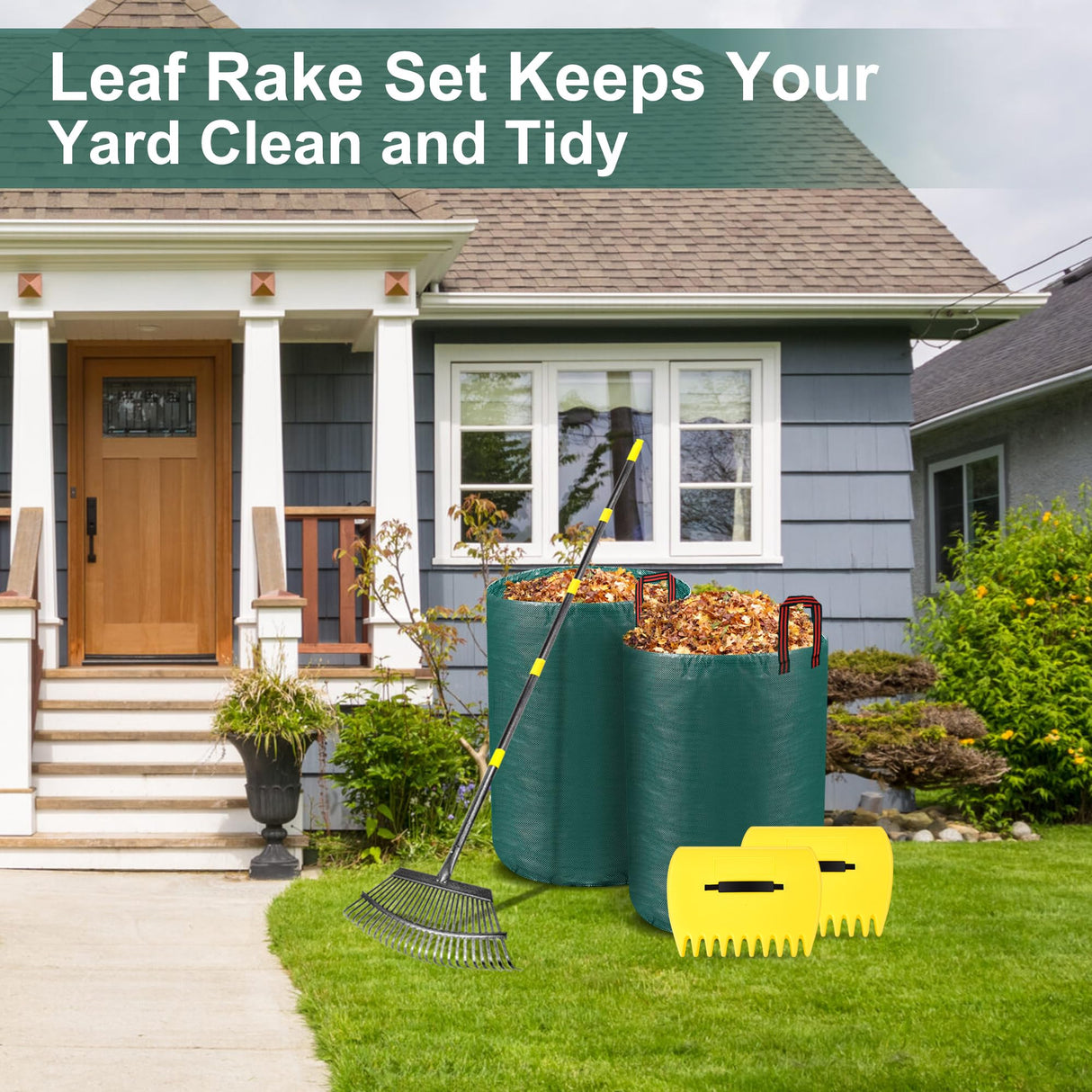 Adjustable Garden Leaf Rake Set, 18" Wide, 25 Tines, 37-79" Handle Metal Leaf Rake with 2 Pack 32 Gallons Leaf Bags and Scoops. Heavy Duty Graden Rakes Set for Lawn, Grass, Shrubs, Flower Beds