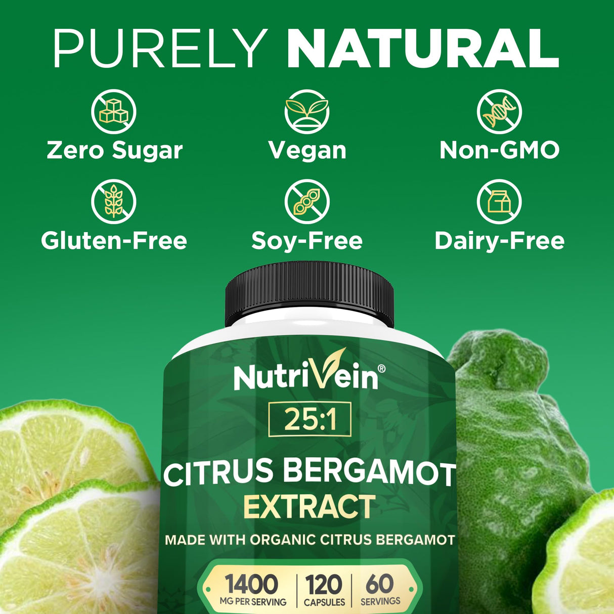 Nutrivein Premium Citrus Bergamot Supplement 1400mg 25:1 Bergamia Extract - 60 Day Supply (120 Capsules): Powerful Italian Citrus Bergamot 1400 mg+ High Concentration - Heart and Circulatory System