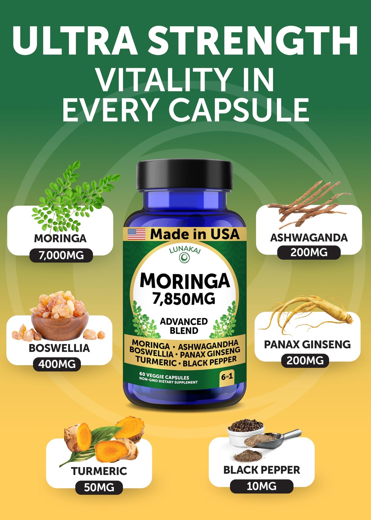 Lunakai USA Made Pure Moringa Capsules – 7850mg Advanced Moringa Leaf Extract Supplement with Ashwagandha, Boswellia, Ginseng & Turmeric, 60ct