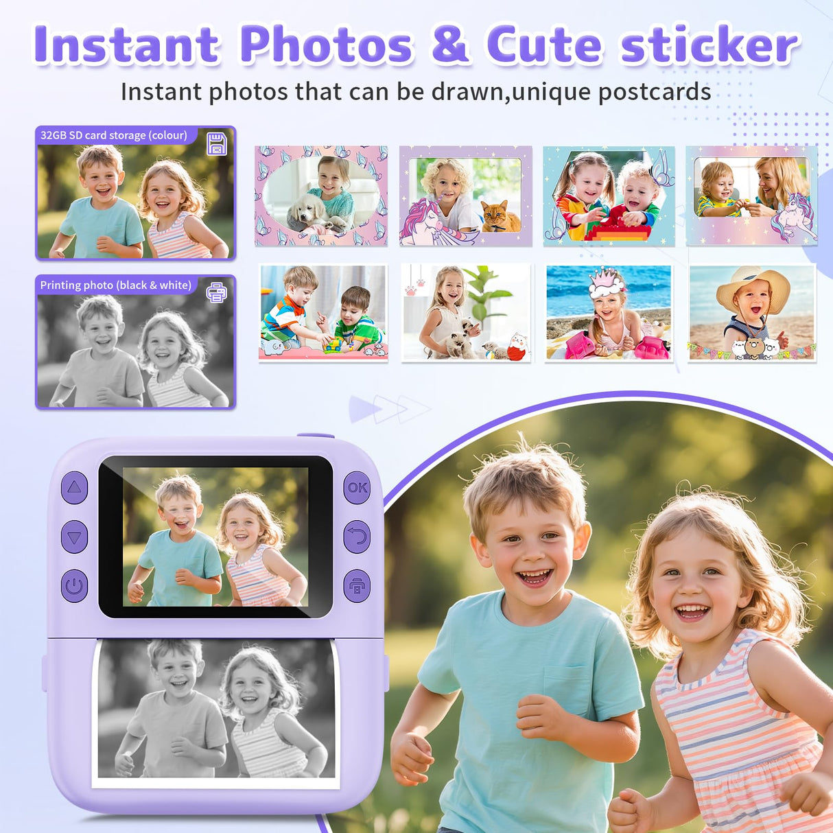 Instant Print Camera for Kids, Christmas Birthday Gifts for Girls Boys, 1080P Instant Digital Print Cameras for Toddler,Portable Toy for 4 5 6 7 8 9 10 Year Old Girl with 32GB SD Card,Purple
