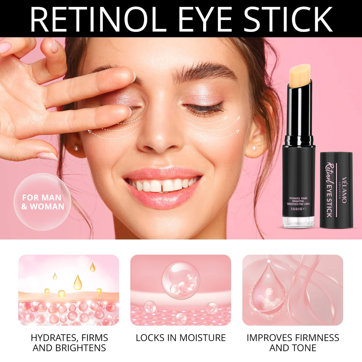 VELAMO ADVANCED Retinol Eye Stick: Retinol Eye Cream for Dark Circles and Puffiness with 1% Bakuchiol and Caffeine - Visibly Reduces Fine Lines Wrinkles Under Eye Bags with Upgraded Formula 0.1 OZ/3g
