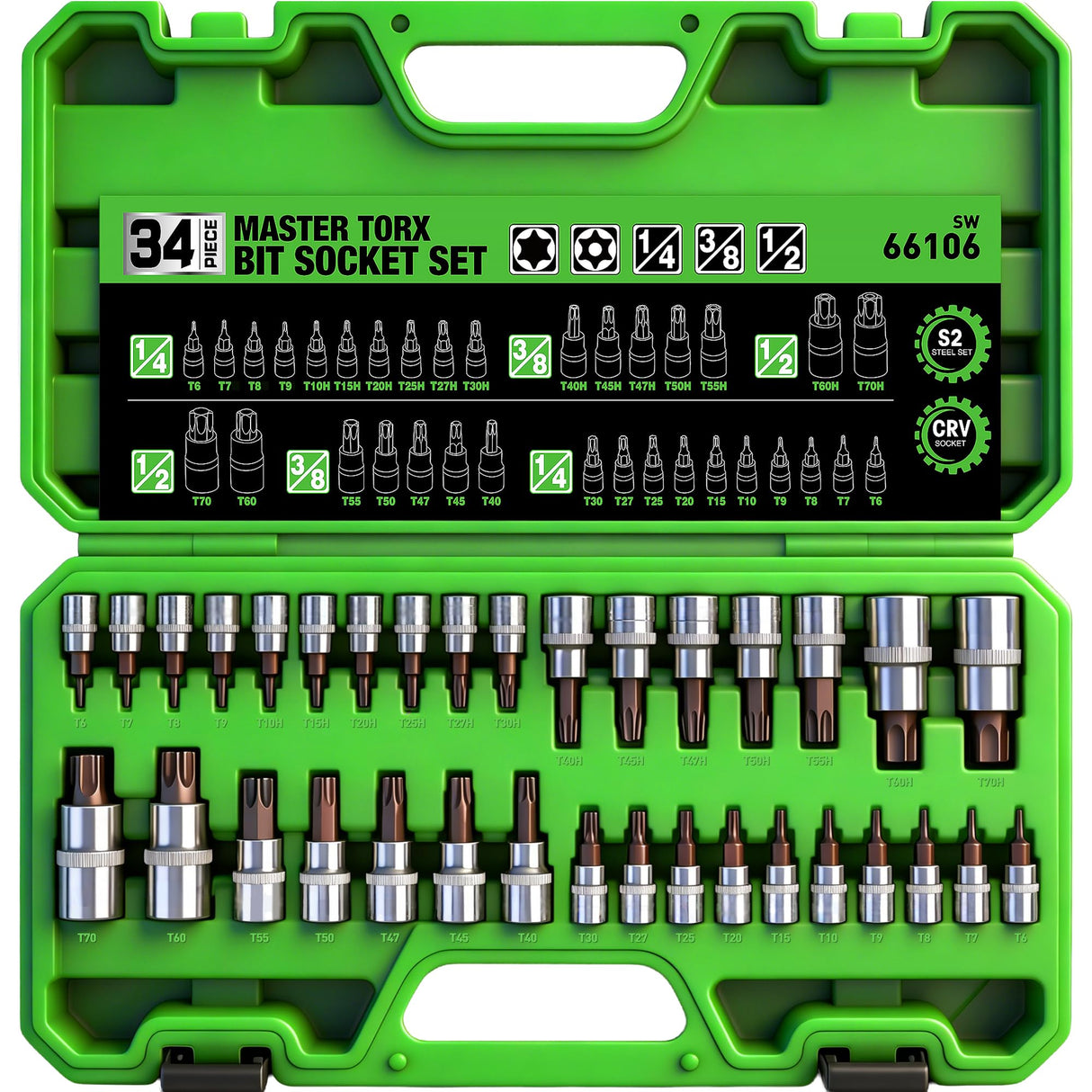 34-Piece Torx Bit Socket Set, Tamper Proof T6-T70, Solid Star Bits Set, Premium CR-V & S2 Alloy Steel Star Socket Sets, Torque Bit Sets with Storage Case