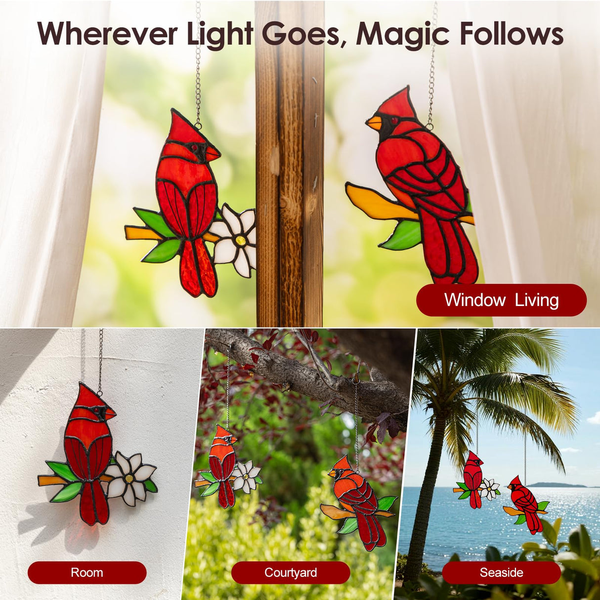 Calmpathz 2 Pcs Cardinal Stained Glass Window Hanging Suncatchers, Sympathy Gifts for Loss of Loved One, Unique Nana Grandma Memorial Gift, Bird Decor & Christmas Ornament (6 Inch)
