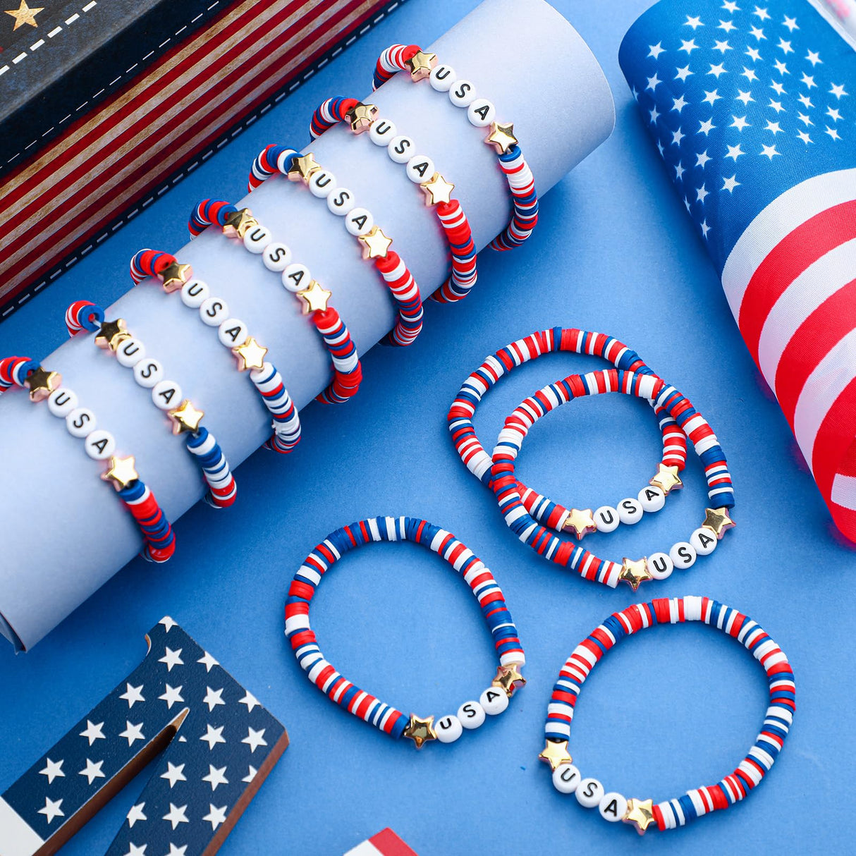 Huquary 24 Pcs USA Bracelets Bulk Red White Blue Polymer Clay Beaded,Usa