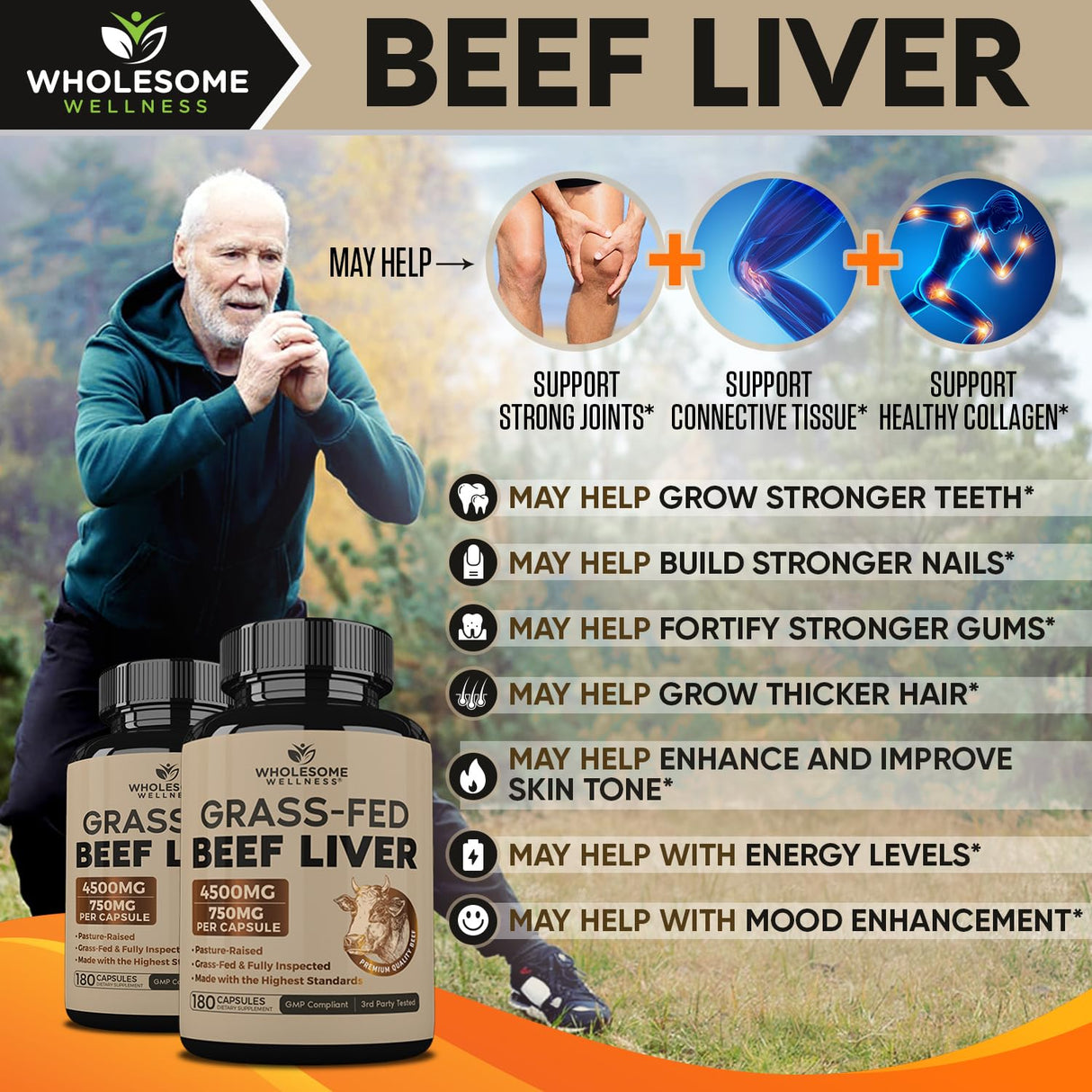 Wholesome Wellness Grass Fed Desiccated Beef Liver Capsules (180 Pills, 750mg Each) - Natural Iron, Vitamin A, B12 for Energy - Raised Undefatted in New Zealand Without Hormones or Chemicals