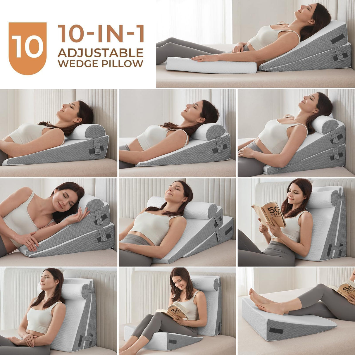 Sasttie Wedge Pillow, Bed Wedge Pillow Set for After Surgery, Acid Reflux and Sleeping, 3-Piece Detachable Design, Adjustable Height, White & Dark Grey