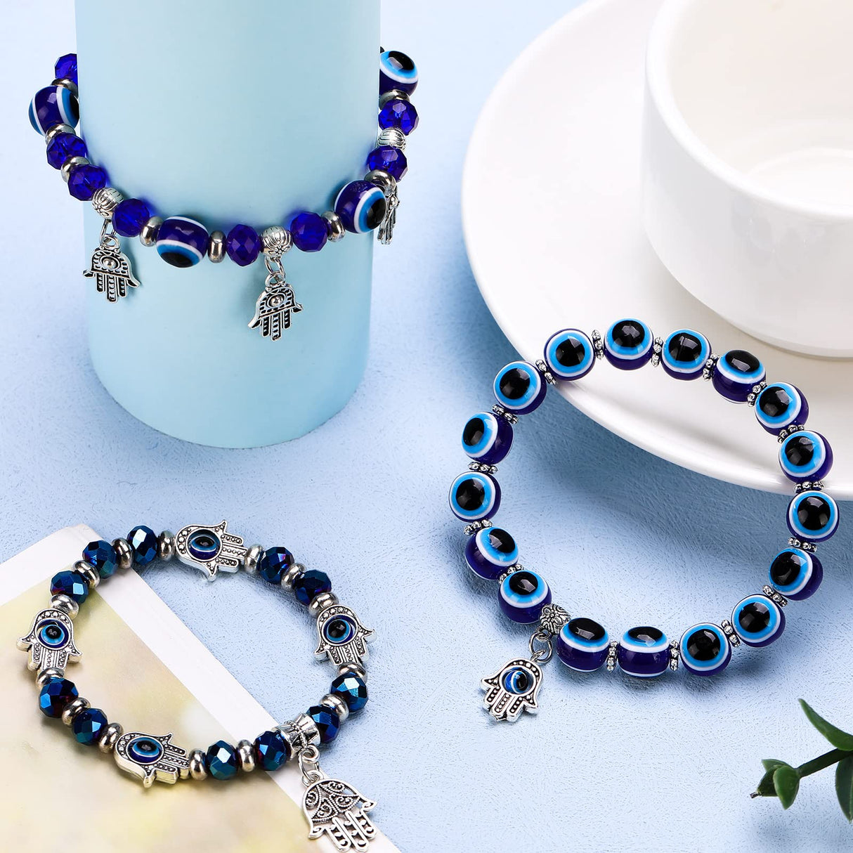Junkin 12 Pcs Evil Eye Charm Bracelets Hamsa Beaded Charm Hand of Fatima Turkish Greek Blue Eyes Stretch Bracelet Lucky Protection Wristband for Women Men Blessing Gift