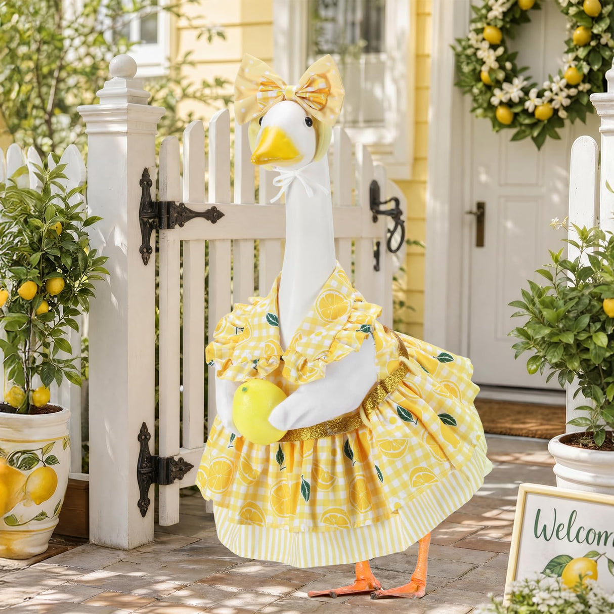 EKOREST Summer Porch Goose Outfits for 23 Inch Lawn Statue, Lemon Costume for Plastic/Cement Statue, Duck Sculpture Clothes for Yard Patio Party Decoration