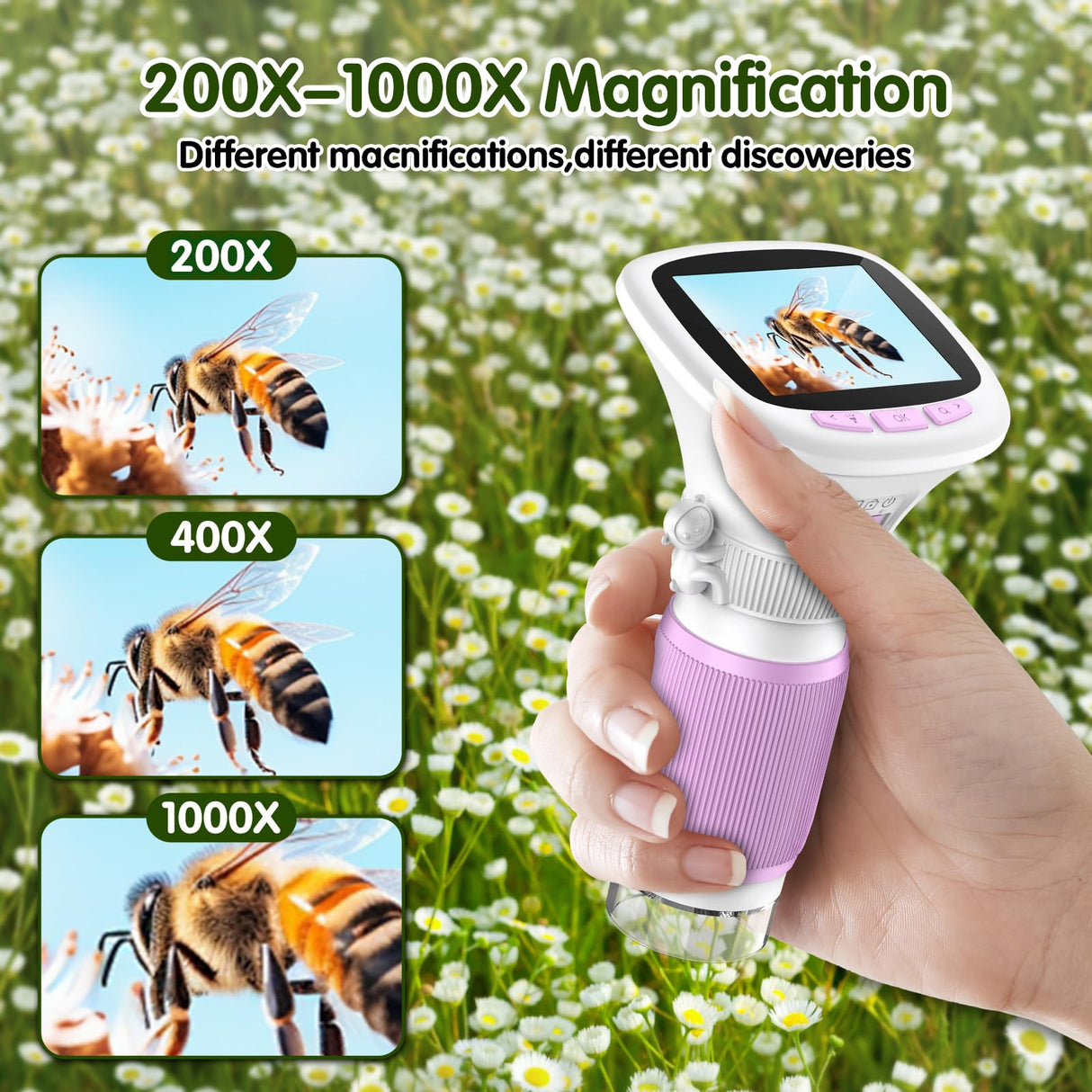 Microscope for Kids, EDCREATY 200X-1000X Portable Pocket Handheld Microscope, 2.4 High-Definition Screen, 200W Pixels for Birthday Christmas Holiday Toys Gifts for 5 6 7 8 9 10 11 12 Kids