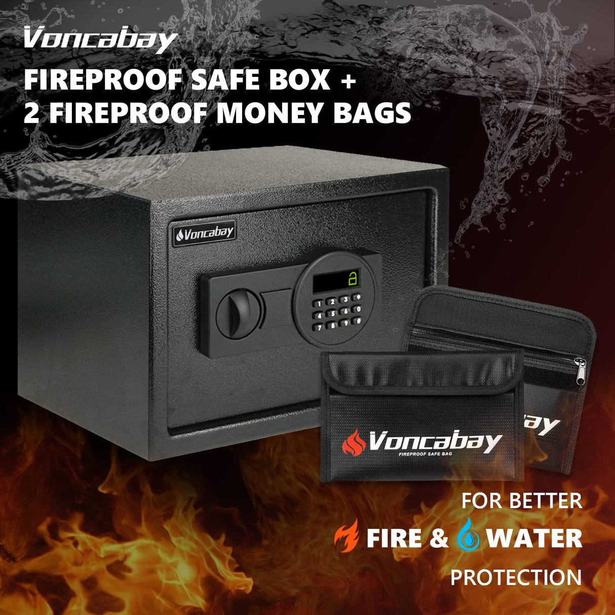Voncabay Money Safe Box for Home with Sensor Light & Fireproof Money Bag - 0.8 Cubic Feet Security Safe Box with Digital Keypad, Keys & Pass Code Lock Black