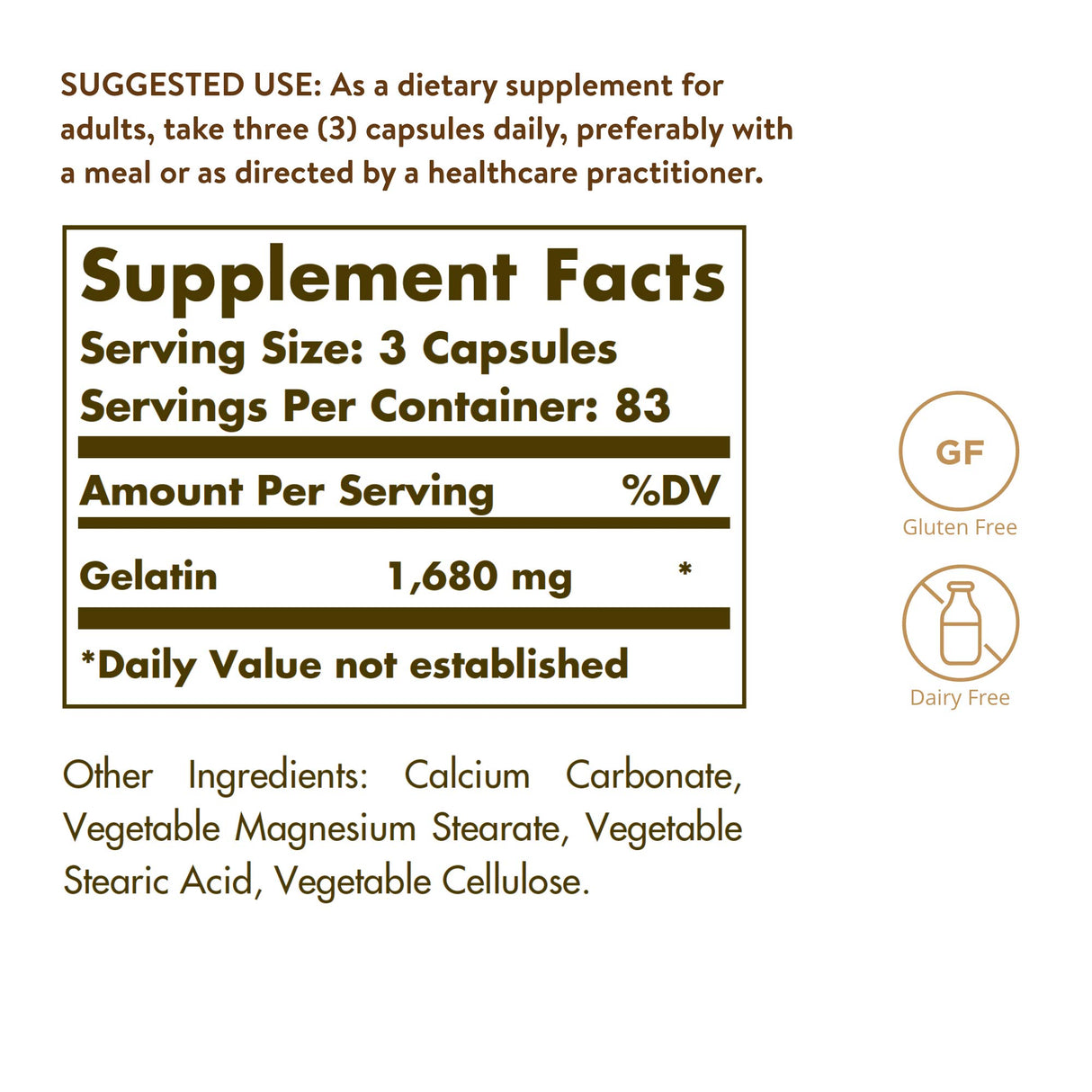 Solgar Gelatin 1680 mg, 250 Capsules - Natural Gelatin - Supports Bone, Joint & Skin Health - Gluten Free, Dairy Free - 83 Servings