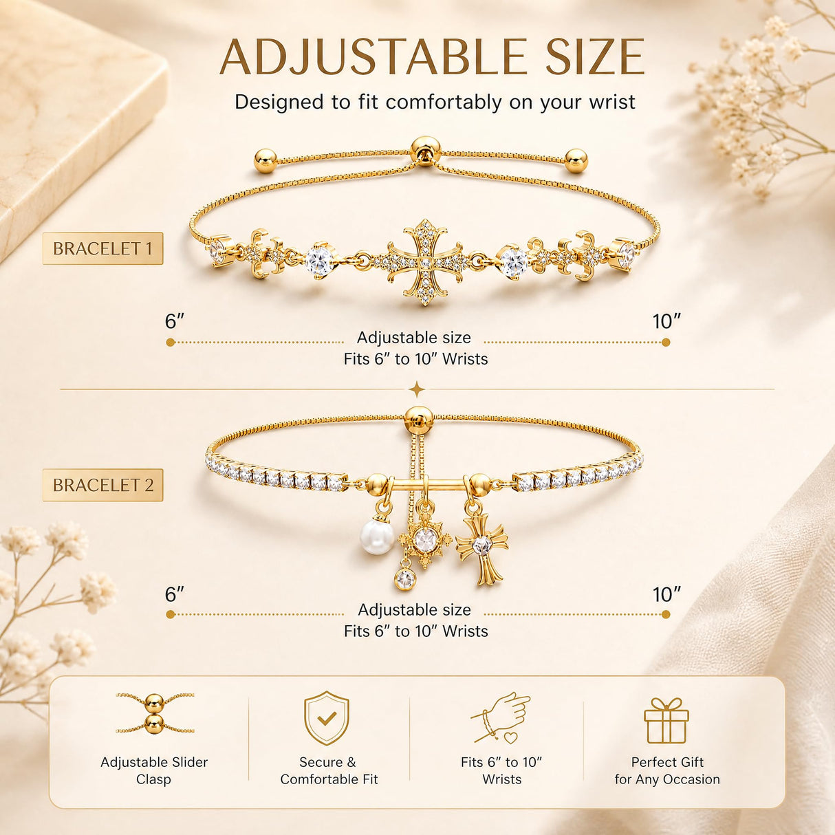 14K Gold Bracelet for Women | Cross Charm, Adjustable Slider-2Pcs