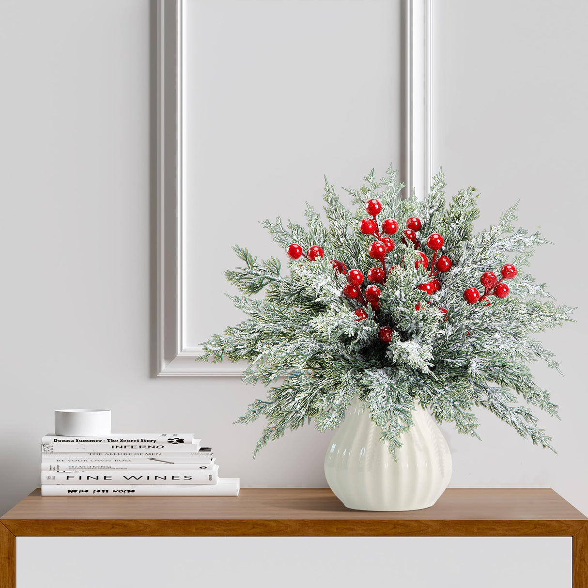 60 Pcs Artificial Christmas Snow Pine Branches with Red Berry Stems, Snowy Faux Greenery Norfolk Pine Cypress Leaves Stems, Berries White Frosted Fake Foliage Pine Needle Picks for Garland Home Decor