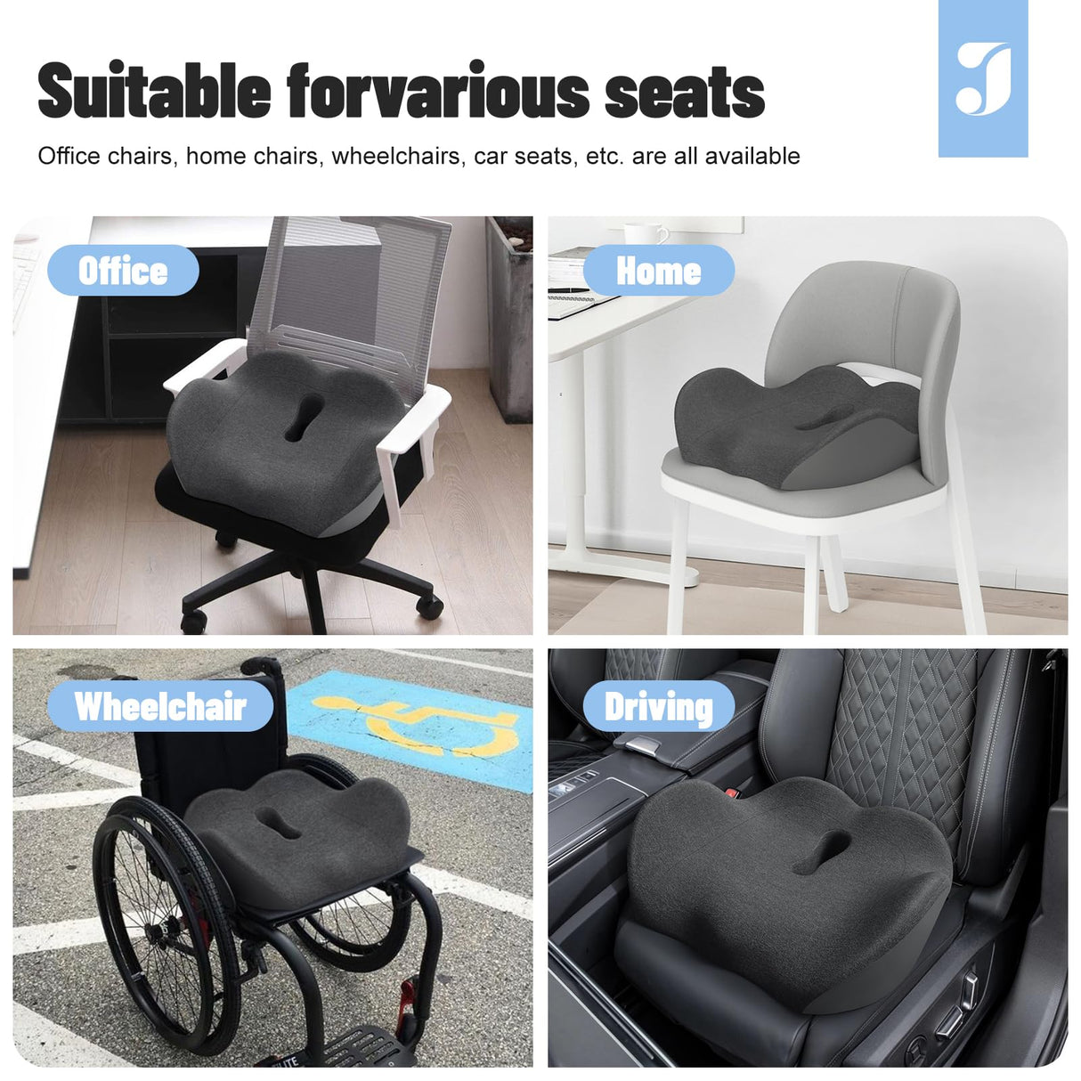JESIDO Seat Cushion for Office Chair, Sciatica and Tailbone Pain Relief Cushion, Coccyx Cushion for Car, Desk Chairs, Wheelchair