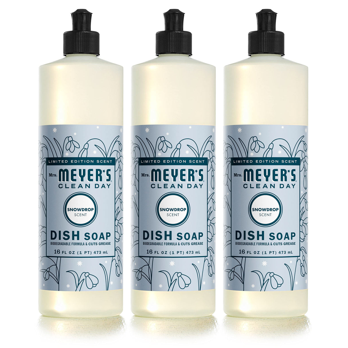 MRS. MEYER'S CLEAN DAY Liquid Dish Soap, Biodegradable Formula, Limited Edition Snowdrop, 16 Fl. Oz - Pack of 3