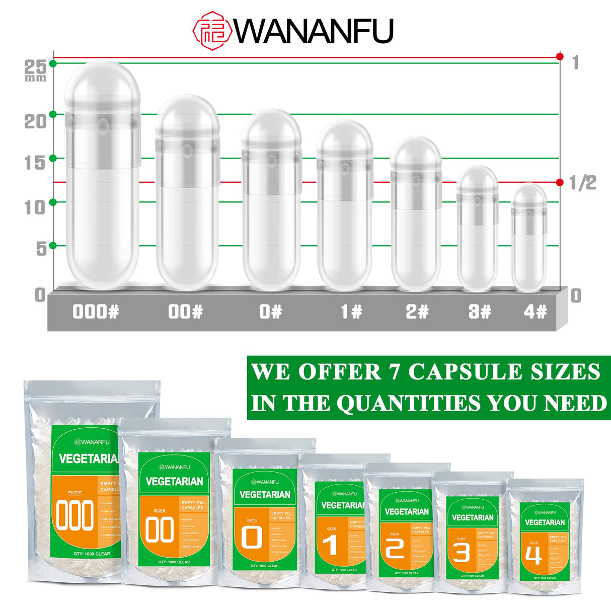 WANANFU Size 000 Empty Capsules Vegetarian (500 Count) Bundle with Micro Lab Spoon, Clear Fillable Veggie Pill Capsules 000 for Making Your Own Supplements