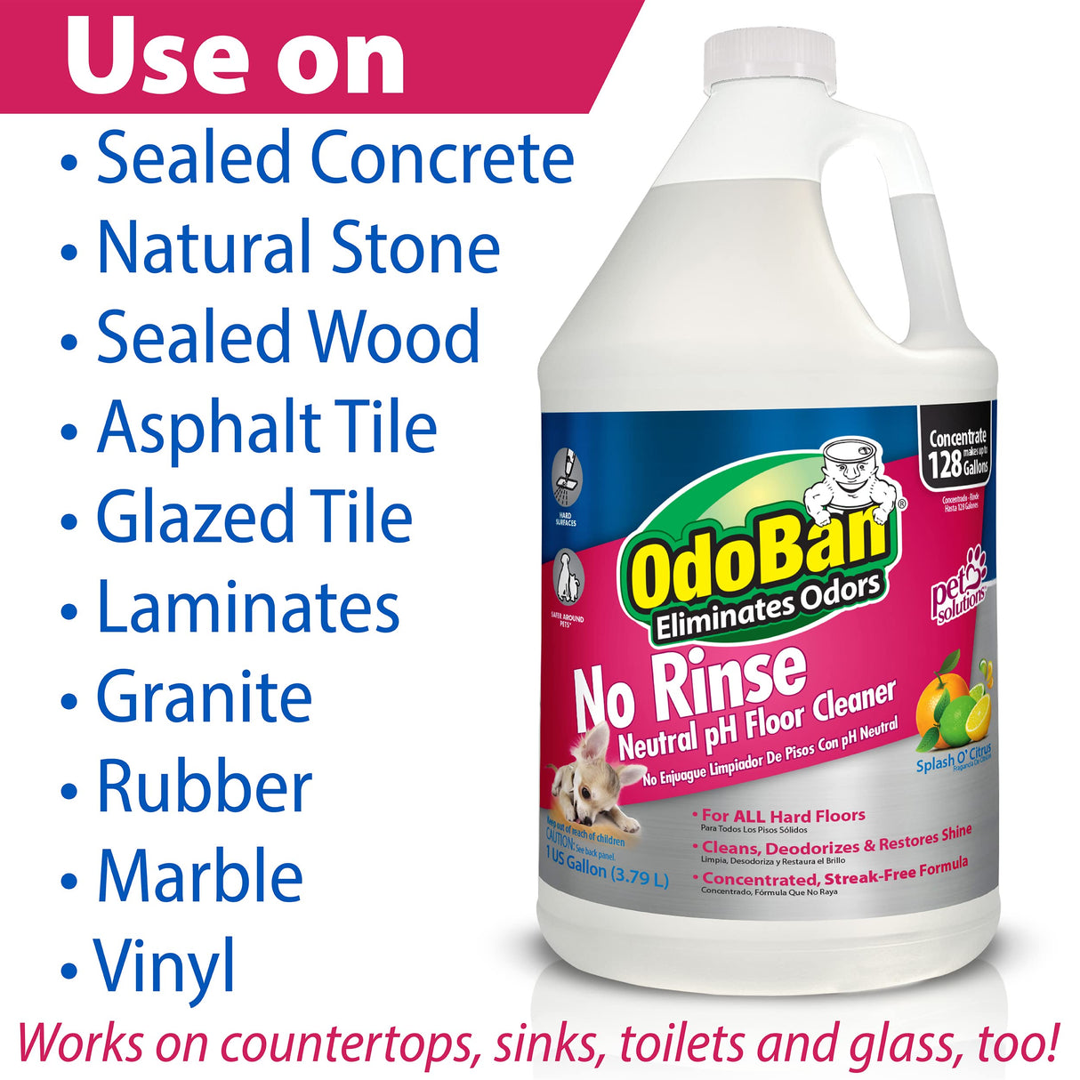 OdoBan Pet Solutions No Rinse Neutral pH Floor Cleaner Concentrate, Made in the USA, Splash O' Citrus Scent, 3 Gallons