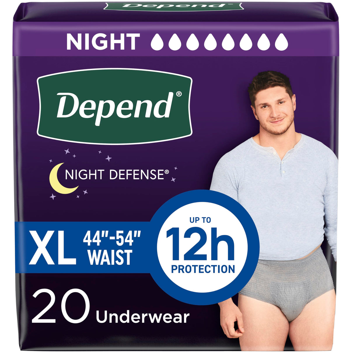Depend Night Defense Adult Incontinence Underwear for Men, Disposable, Overnight, Extra-Large, Grey, 20 Count, Packaging May Vary