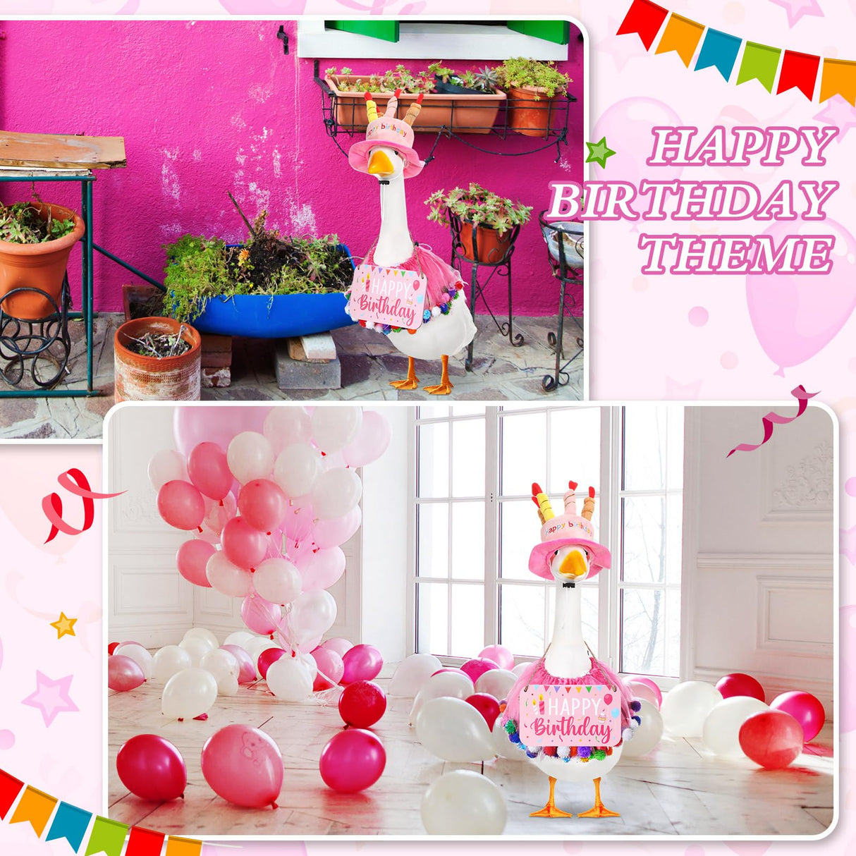 Memorywuu Happy Birthday Porch Goose Outfit Lawn Goose Cloth Costume for 23" Cement Plastic Patio Yard Statue Outdoor(Pink,Tutu Skirt)