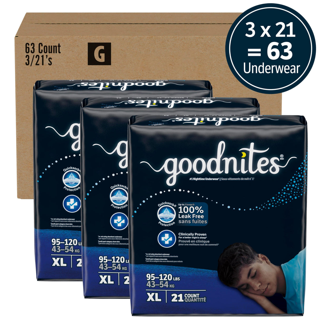 Goodnites Boys' Nighttime Bedwetting Underwear, Size Extra Large (95-120 lbs), 63 Ct (3 Packs of 21), Packaging May Vary