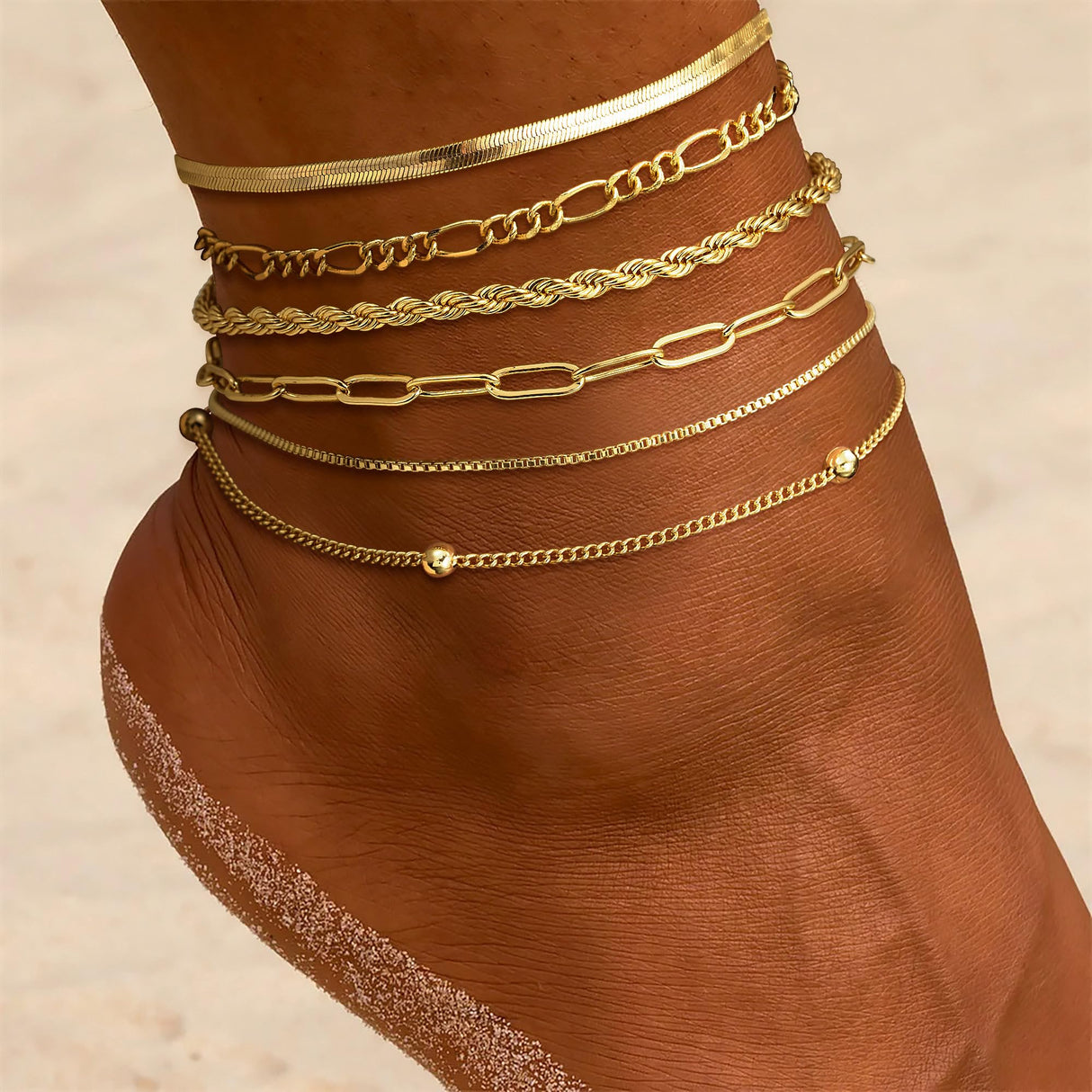 DEARMAY 14K Gold Plated Anklets for Women, Waterproof Ankle Bracelets Trendy Layered Cuban Link Chain Herringbone Cute Summer Beach Jewelry Fashion Gift