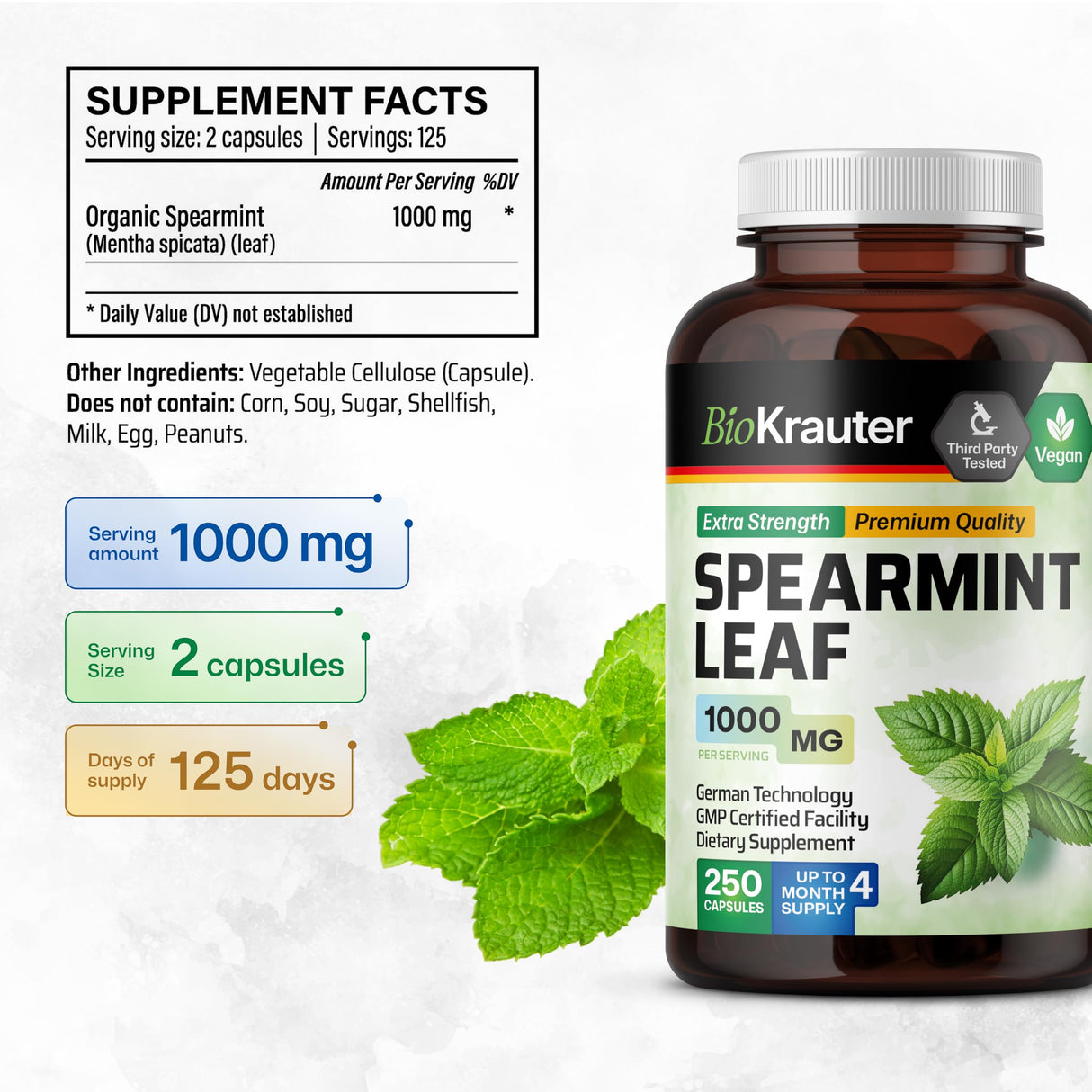 BIO KRAUTER Spearmint Capsules 1000 mg - 250 Count - Vegan Spearmint Supplement for Digestive & Respiratory Support - Mentha Spicata - No Fillers
