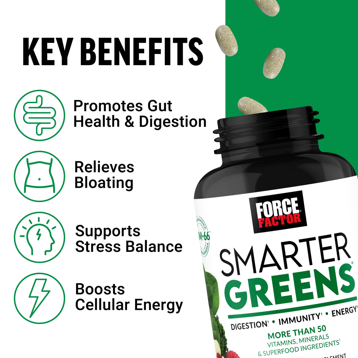 FORCE FACTOR Smarter Greens Tablets, Greens Supplement with 25+ Superfoods and Antioxidants to Improve Digestion, Reduce Stress, Strengthen Immunity, and Support Metabolism, 90 Tablets