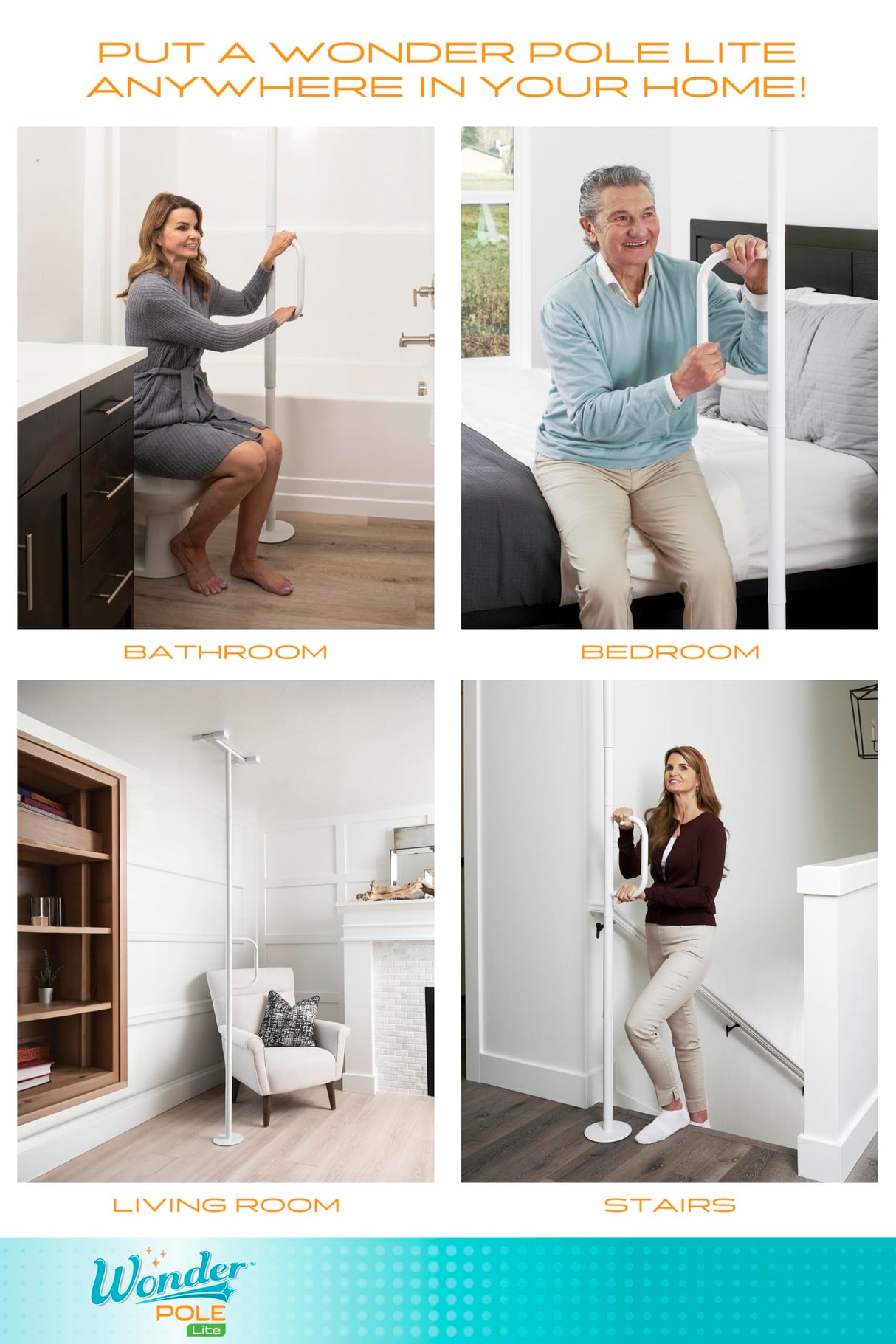 Stander Wonder Pole Lite, Adjustable Floor to Ceiling Safety Grab Bar with Security Support Handle for Fall Prevention, Tension Mounted Transfer-Pole for Adults, Seniors, and Elderly, White