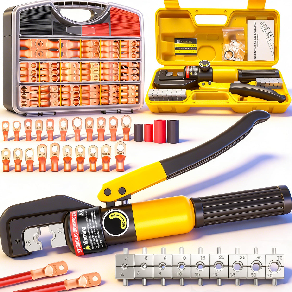 Twidec/230PCS Battery Cable Ends Kit AWG 8 6 4 2 1 1/0 2/0 Heavy Duty Copper Lugs Cable Wire Lugs,Copper Ring Terminals Connectors with Heat Shrink Tube and Hydraulic Crimping Tool With 9 Die