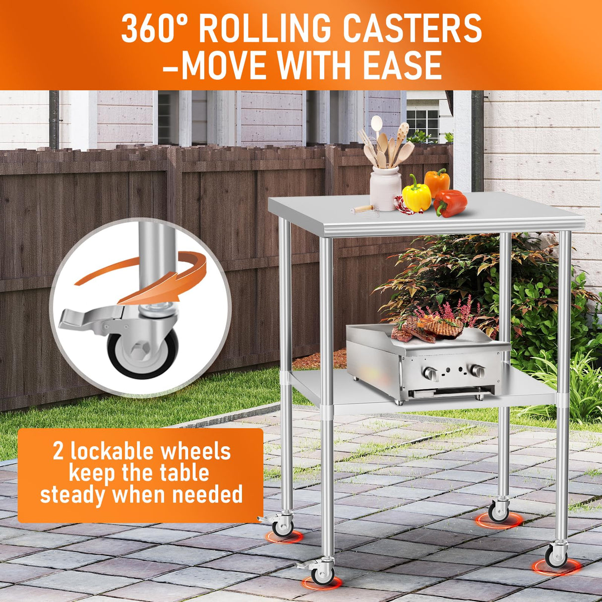 HOCCOT Stainless Steel Table with Wheels 30" x 30" Utility Worktable with Adjustable Undershelf for Commercial Kitchen, Garage, Restaurant