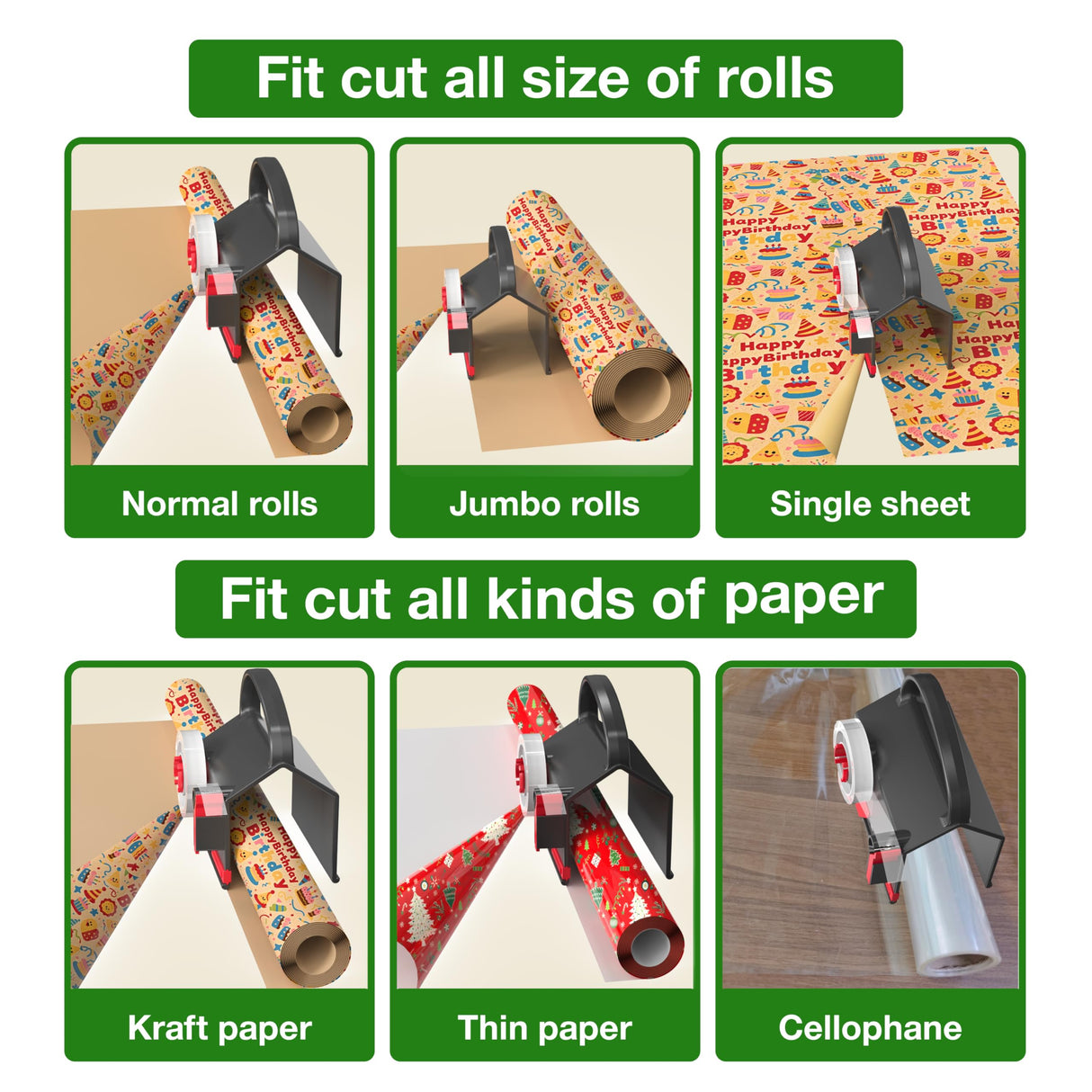 Wraprocut (2-Pack) Wrapping Paper Cutter & Tape Dispenser Dual Use with 4 Tapes,2 Replace Blades Kit for Christmas Gift Wrap Cutter Tool Paper Roll Holder Tube Sliding Slicing for Birthday Holiday.