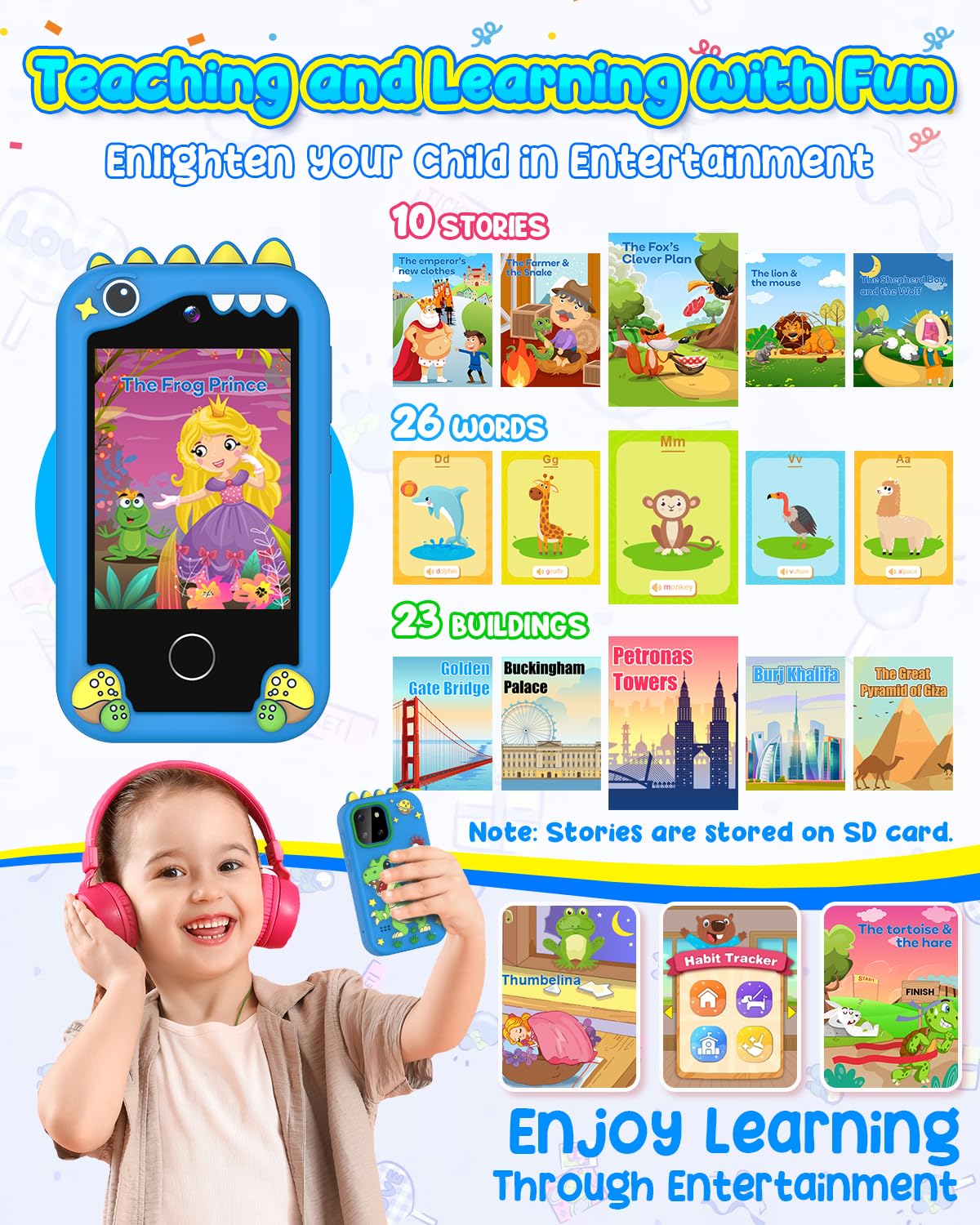 BESTOONE Kids Smartphone Toy for 3-8 Year Old Girls & Boys - No Internet/Calls, HD Camera, MP3 Player, Learning Games | Christmas Birthday Gift for Toddlers (Blue)