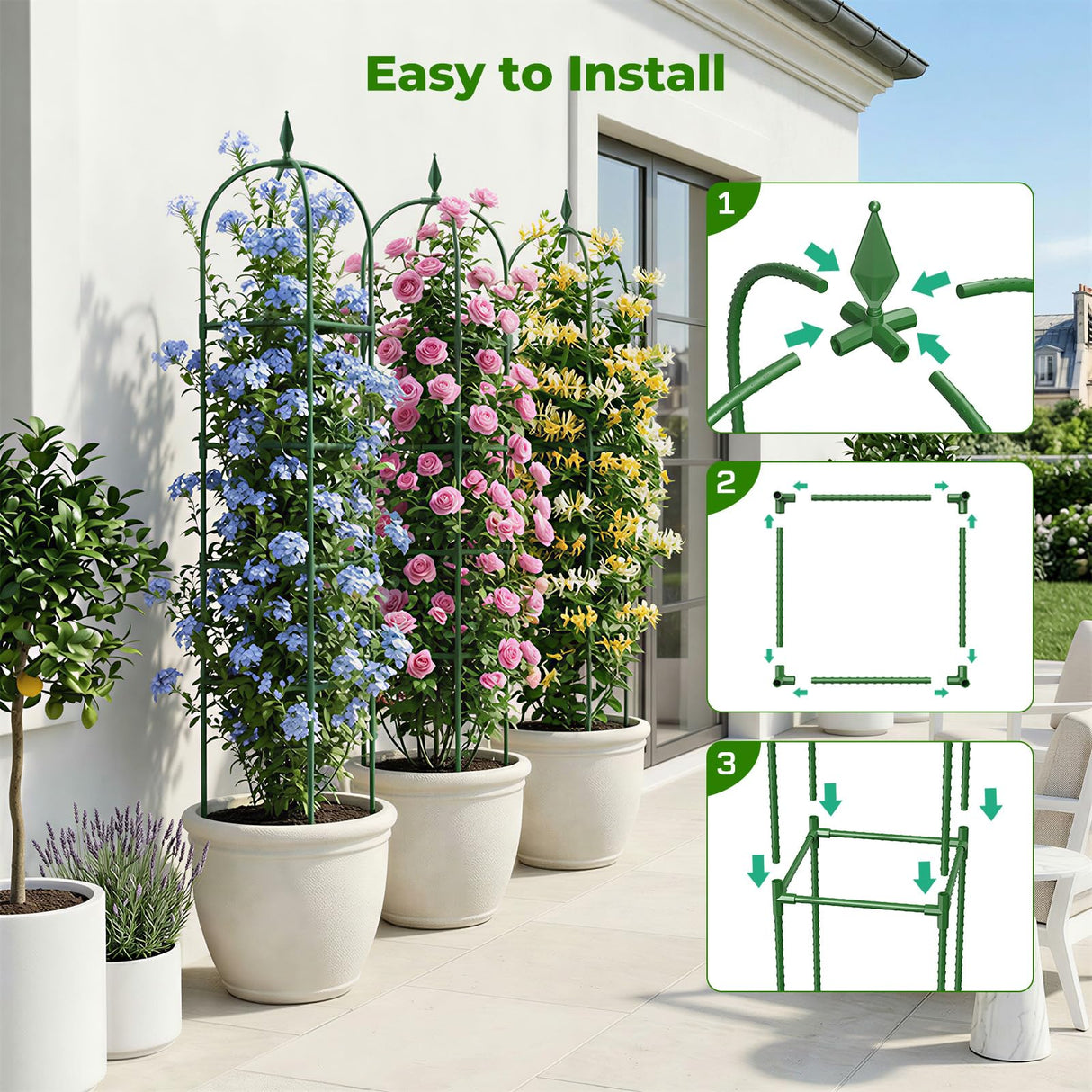 2 Pack Garden Obelisk Trellis for Climbing Plants, 6 FT Metal Rustproof Plant Support Rose Trellis, Tower Potted Cages for Flowers Fruits Vegetable Vines Indoor & Outdoor, Green(4 Tiers)