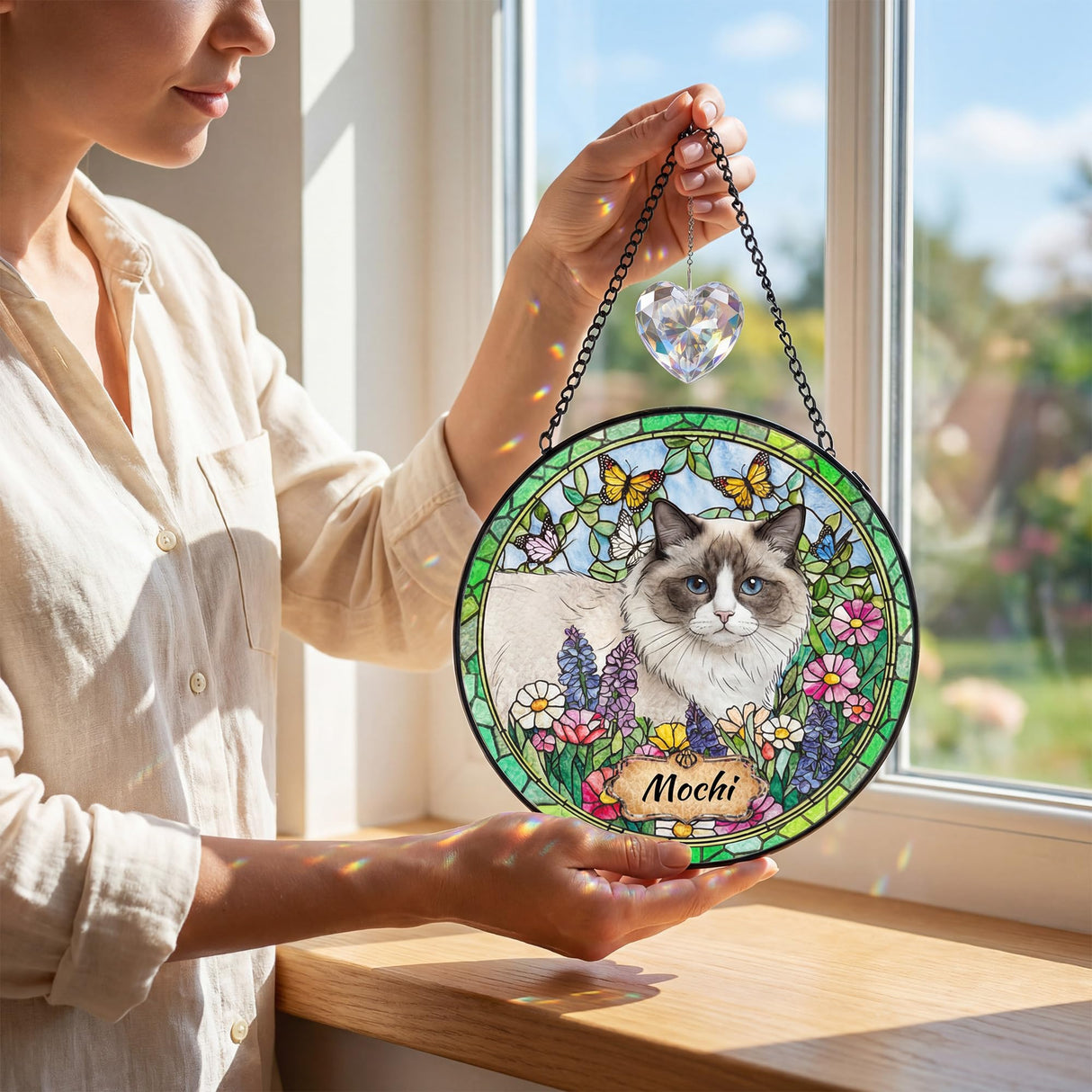 Personalized Pet Stained Glass Suncatcher, Dog Cat Memorial Window Hanging, Sympathy Bereavement Potrait Photo Gift for Loss of Pet, Remembrance Gift for Cat Dog Lovers