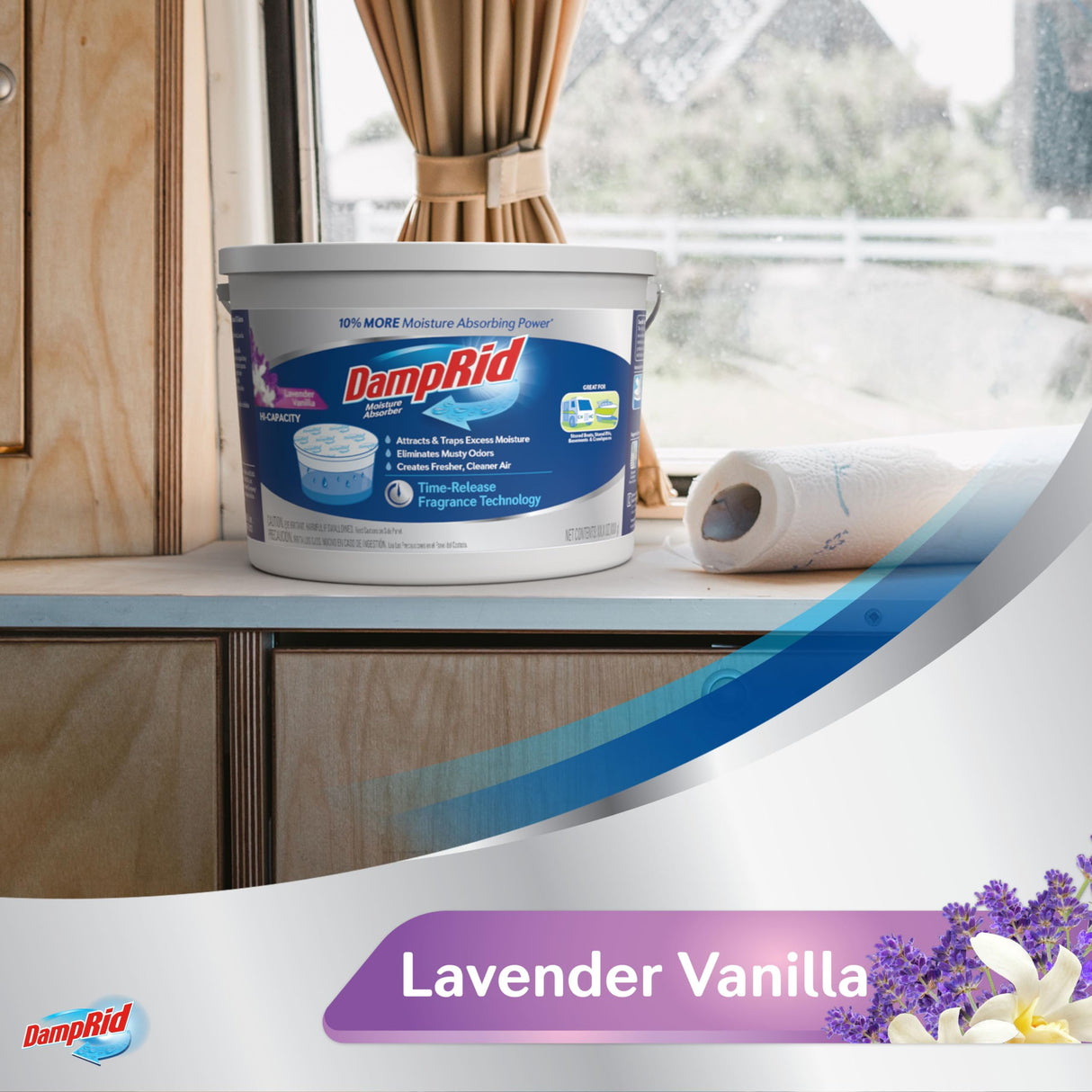 DampRid Hi-Capacity Moisture Absorber Bucket, Lavender Vanilla, 2 lb. 15.5 oz. & Moisture Detection Strip (2 Pack), Attracts & Traps Excess Moisture