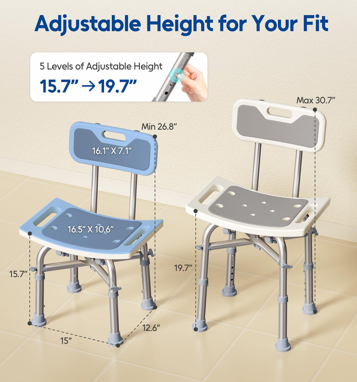 Bluelog Shower Chair with Back for Elderly and Disabled, Shower Seat Bench Stool, Adjustable Height, 500 lbs Capacity, FSA/HSA Eligible, Rectangular