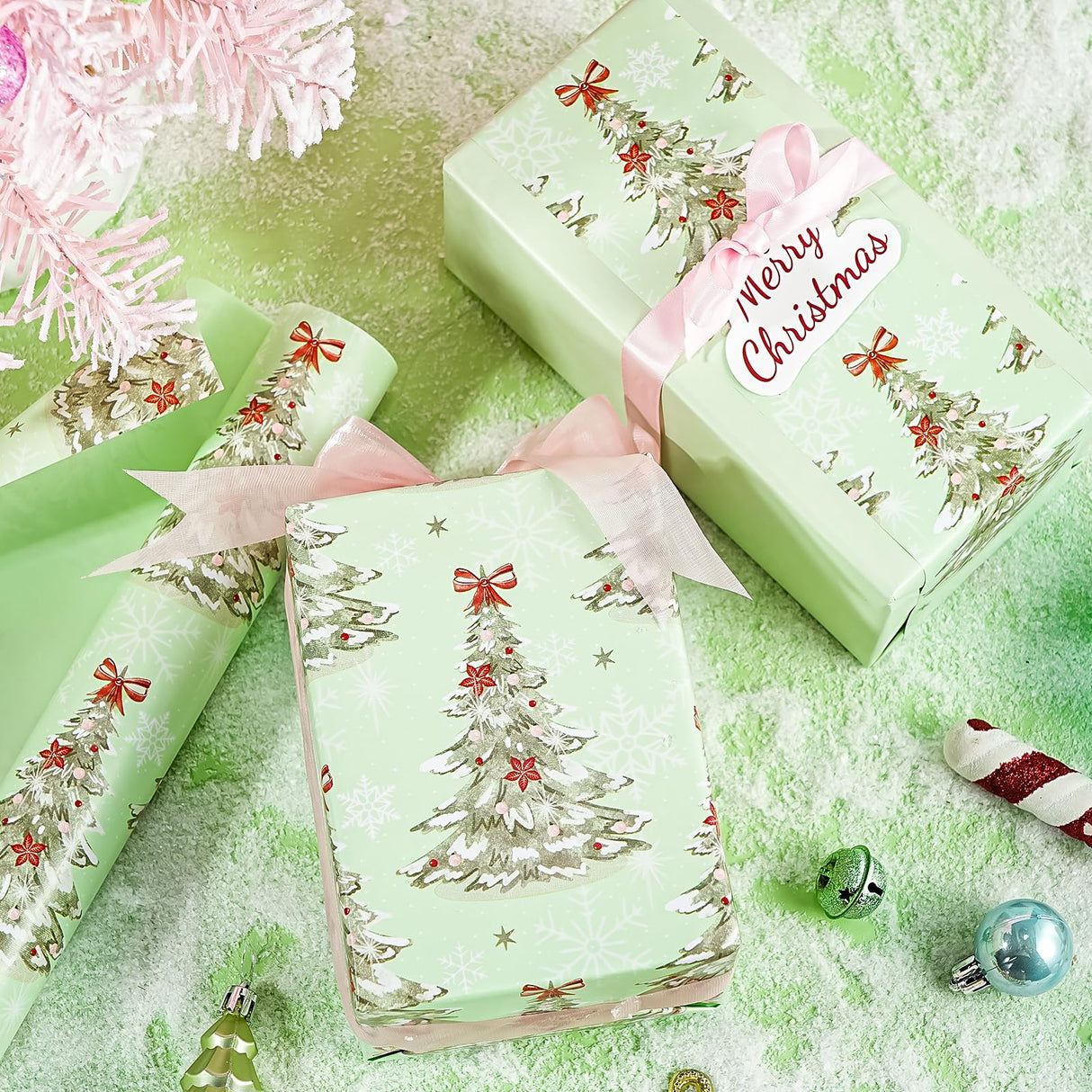 WRAPAHOLIC 30 Inch Jumbo Reversible Christmas Wrapping Paper - 30 Inch x 33 Feet - Light Green Christmas Tree Wrapping Paper for Xmas Holiday, Party Celebration
