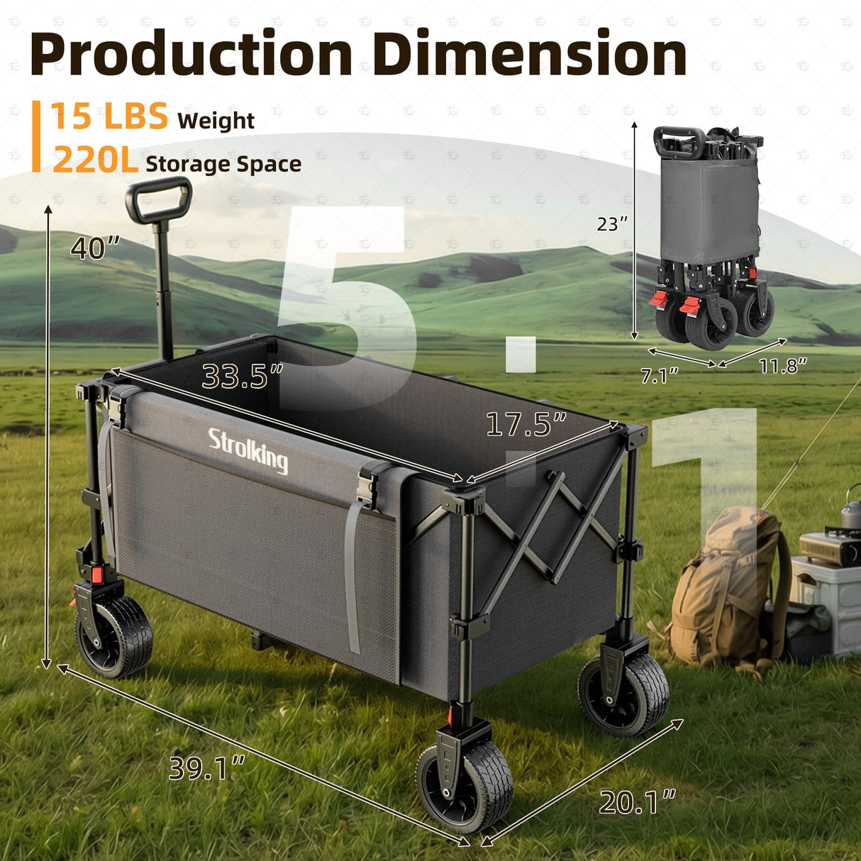 Strolking 220L Collapsible Wagon Cart, 39" L Extended Frame and 440Lbs Heavy Duty, Lightweight 15lbs Folding Garden Cart with Silent All-Terrain Wheels for Beach, Camping Grass and Grocery, Grey
