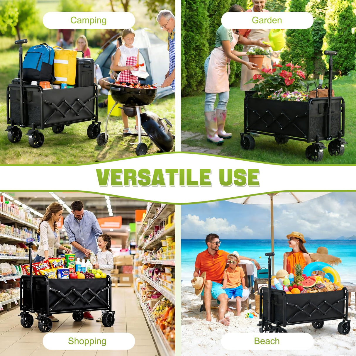 Collapsible Foldable Wagon Cart with Wheels - 360LBS Folding Utility Wagon Cart with Brakes, Lightweight Portable All-Terrain Wagons for Groceries Garden Beach Shopping Camping, 2 Cup Holders/Black