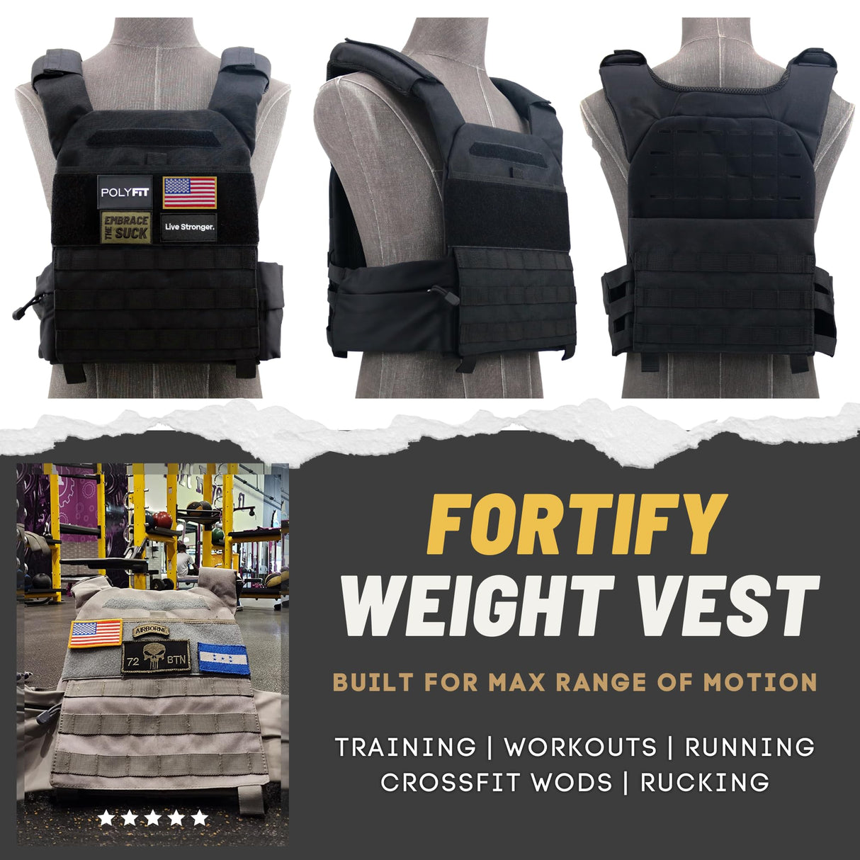 Polyfit (Fortify) Weighted Vest for Strength and Endurance Training, Fitness Workouts, Running, WODs - BLACK