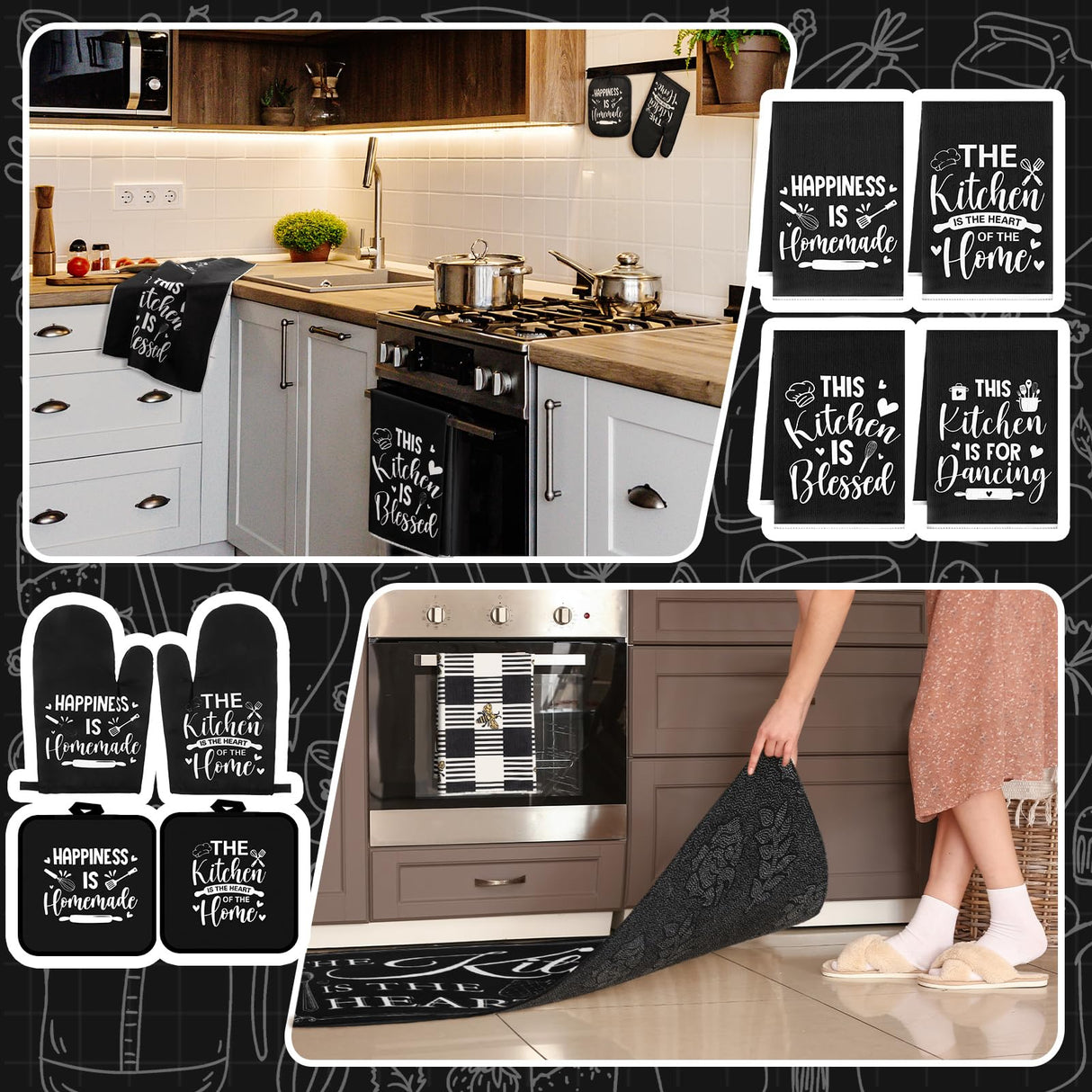 Fourluoo 10 Pcs Farmhouse Kitchen Decor and Accessories Set 4 Kitchen Towels 2 Pot Holders 2 Oven Mitts 2 Rugs for Christmas Thanksgiving Cooking Baking Daughter Mom Gifts(Black,Classic Style)