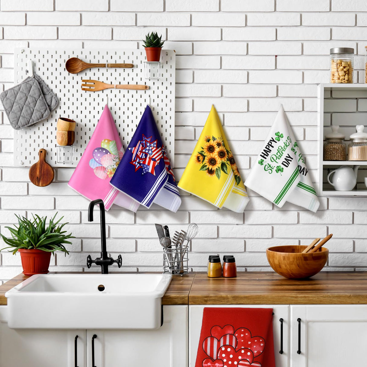 FuWeave 20 Pcs Holiday Kitchen Towels Seasonal Decorative Hand Towels Set Christmas Dish Cloths Winter Valentine's Day 16 x 24 Colorful Wash Cloths with Hanging Loop(Fresh)