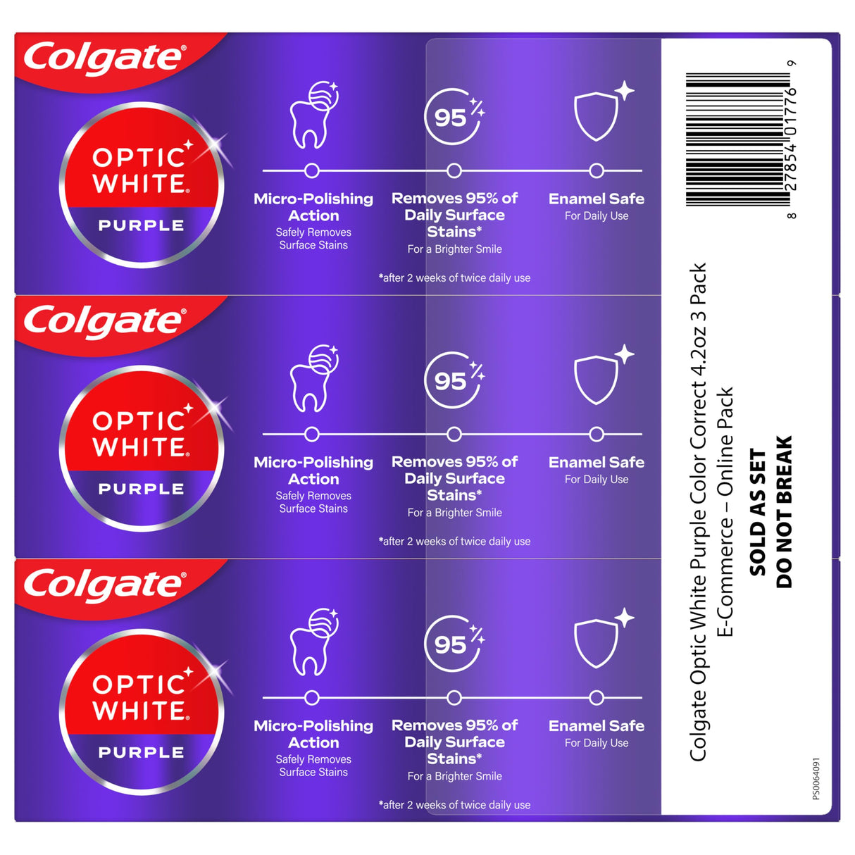 Colgate Optic White Purple Toothpaste for Whitening, Enamel-Safe Mint, 3 Pack, 4.2 oz